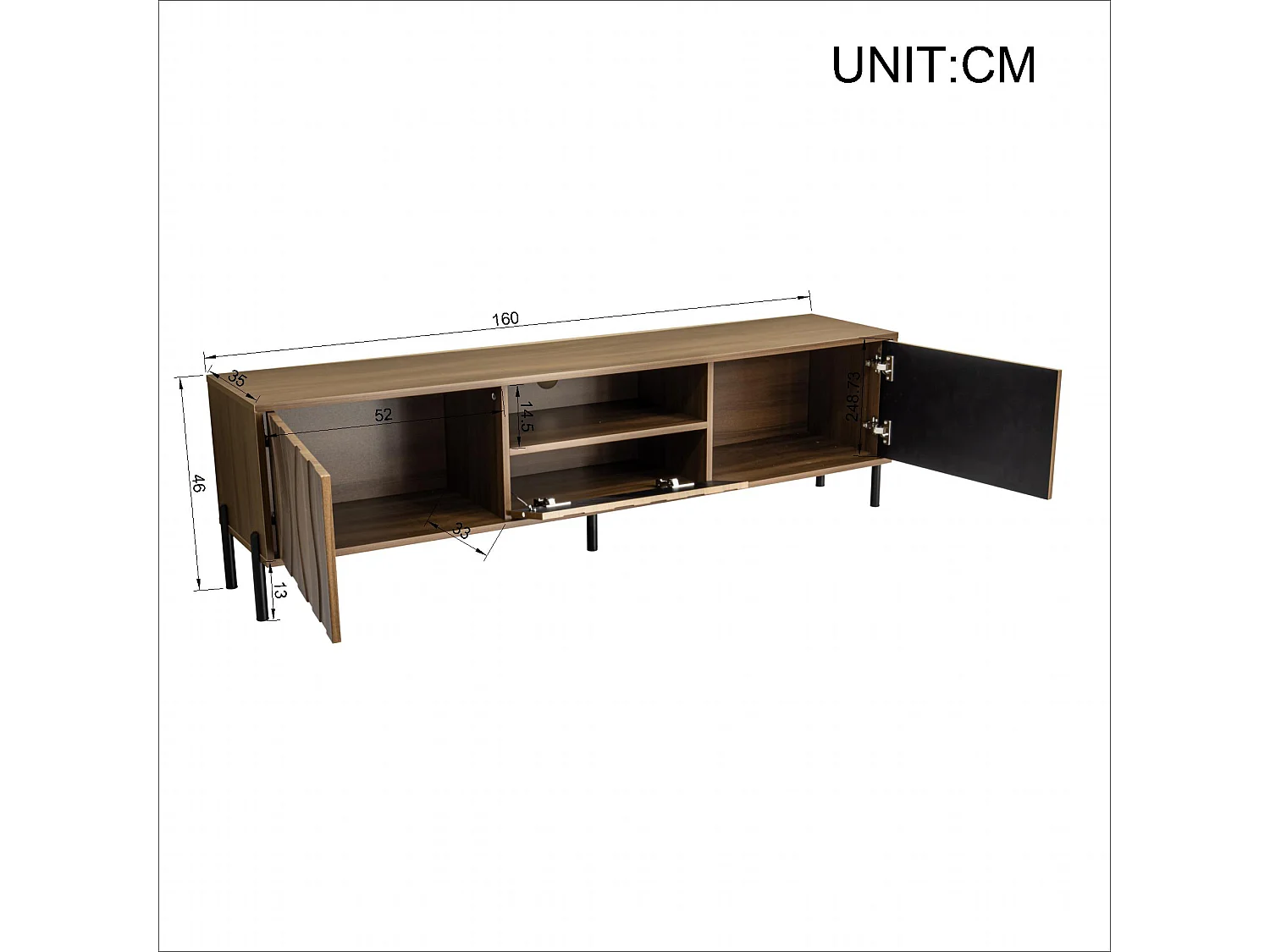 Low TV table with 3 doors - living room furniture - 160 x 35 x 46 cm - MDF - light natural
