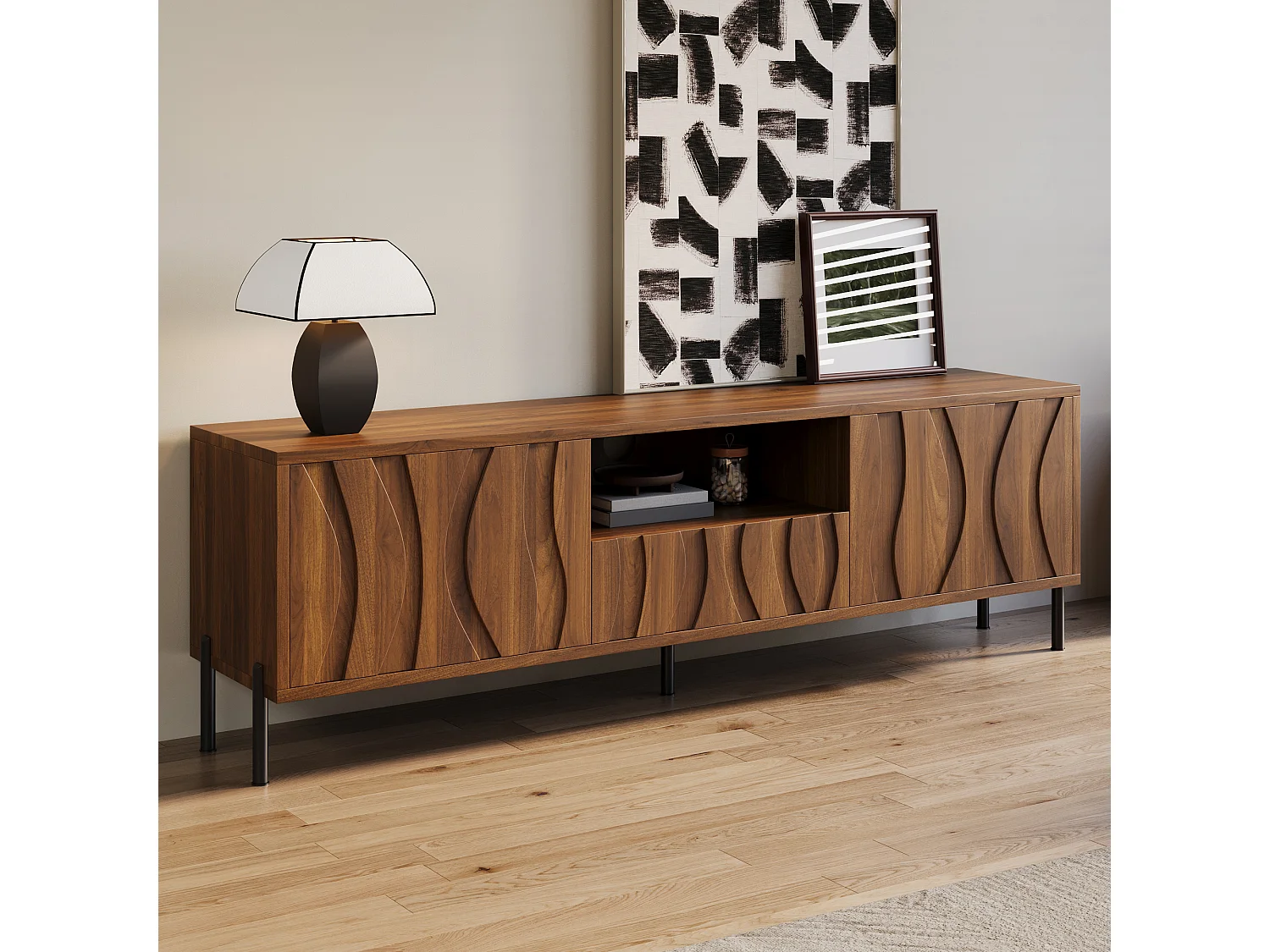 Low TV table with 3 doors - living room furniture - 160 x 35 x 46 cm - MDF - light natural