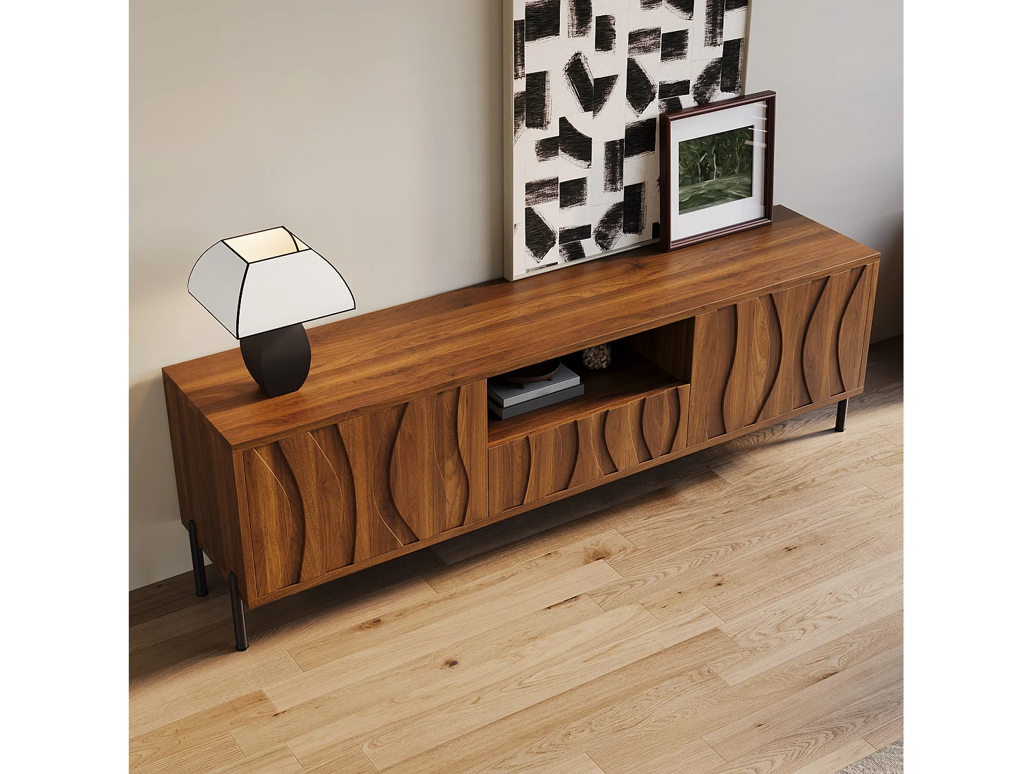 Low TV table with 3 doors - living room furniture - 160 x 35 x 46 cm - MDF - light natural