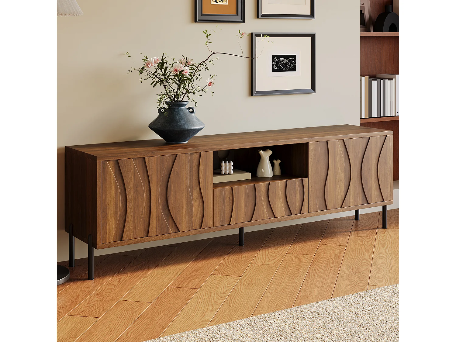 Low TV table with 3 doors - living room furniture - 160 x 35 x 46 cm - MDF - light natural