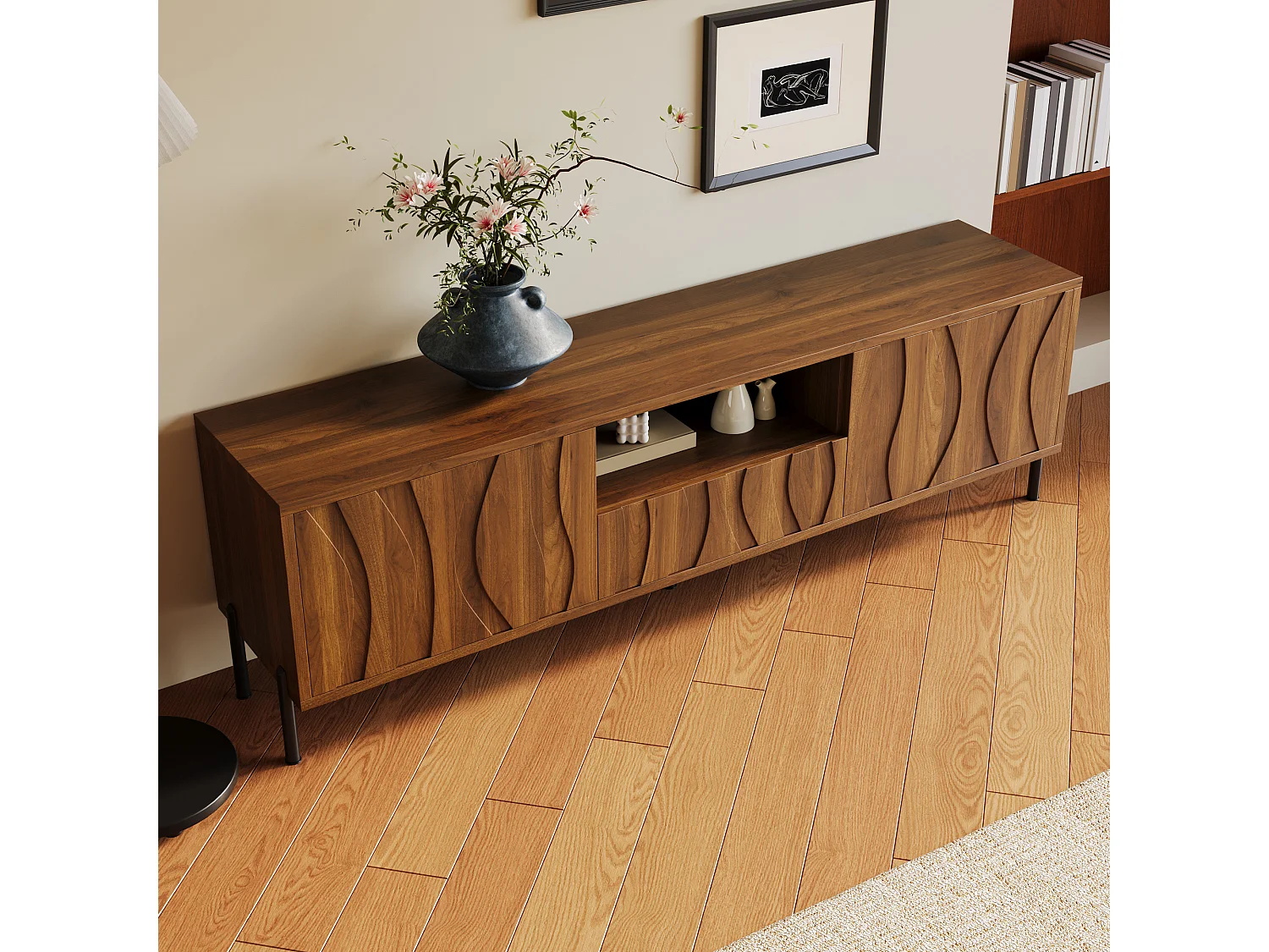 Low TV table with 3 doors - living room furniture - 160 x 35 x 46 cm - MDF - light natural