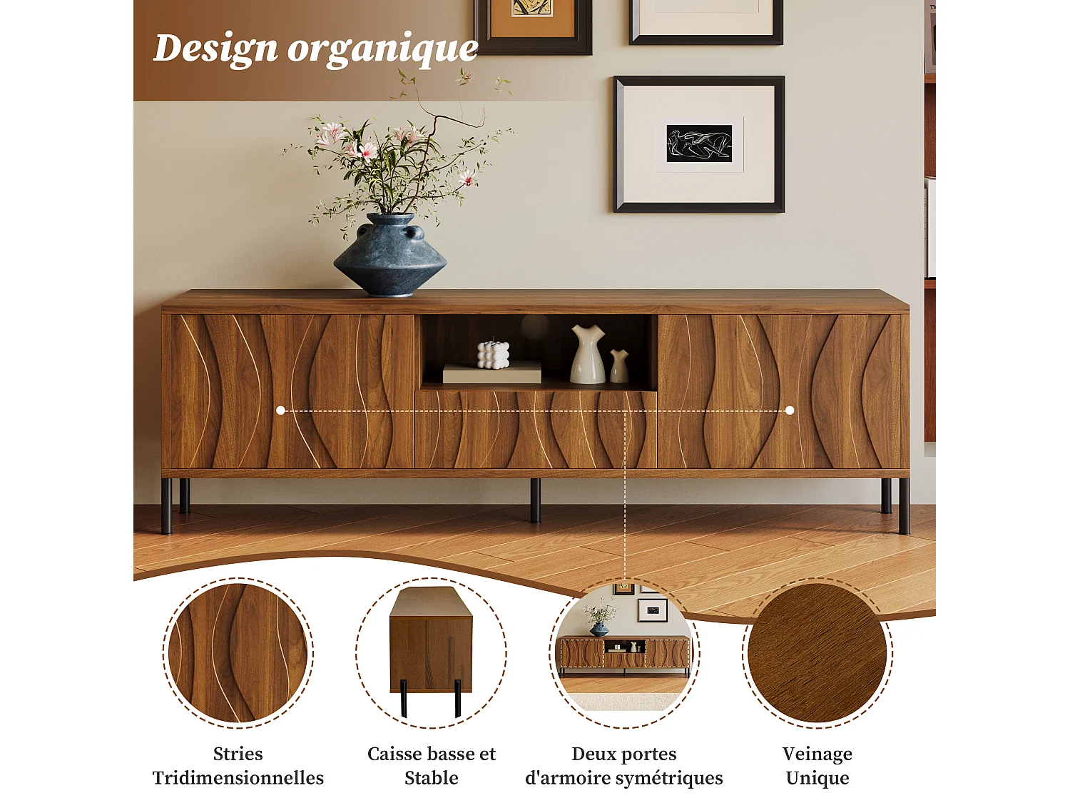 Low TV table with 3 doors - living room furniture - 160 x 35 x 46 cm - MDF - light natural