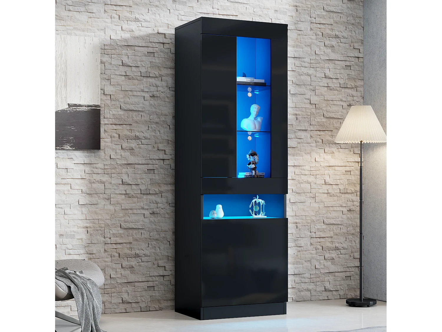 Vitrine/Wohnzimmermöbel – 50 x 40 x 180 cm – mit LEDs + 2 Türen + Einlegeboden – Spanplatte – schwarz