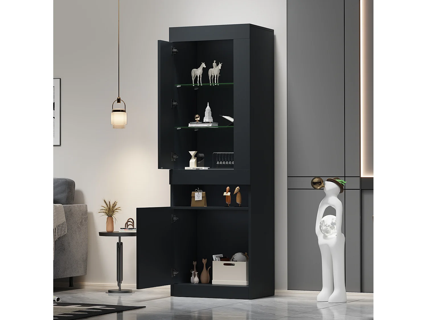 Vitrine/Wohnzimmermöbel – 50 x 40 x 180 cm – mit LEDs + 2 Türen + Einlegeboden – Spanplatte – schwarz