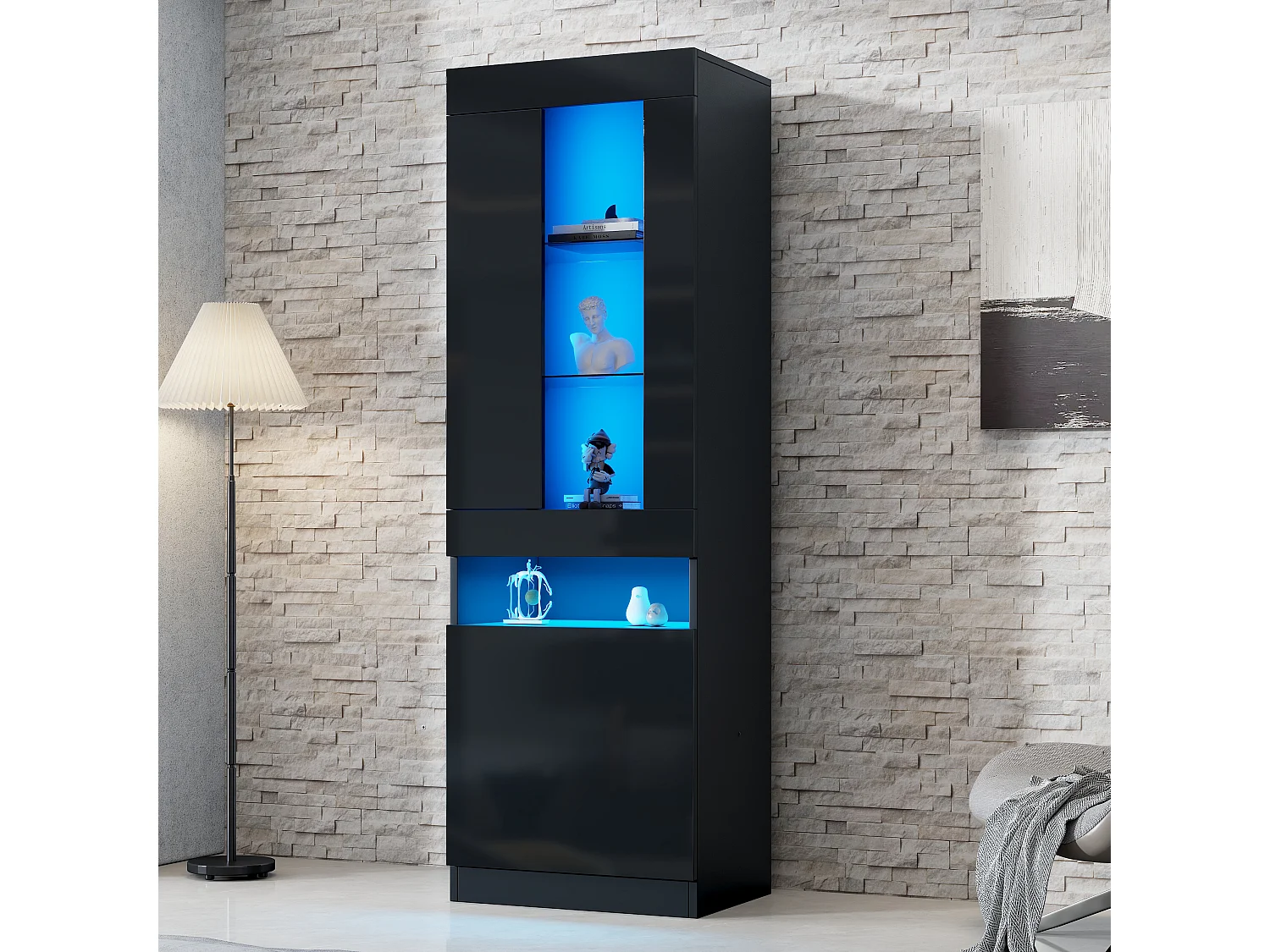 Vitrine/Wohnzimmermöbel – 50 x 40 x 180 cm – mit LEDs + 2 Türen + Einlegeboden – Spanplatte – schwarz