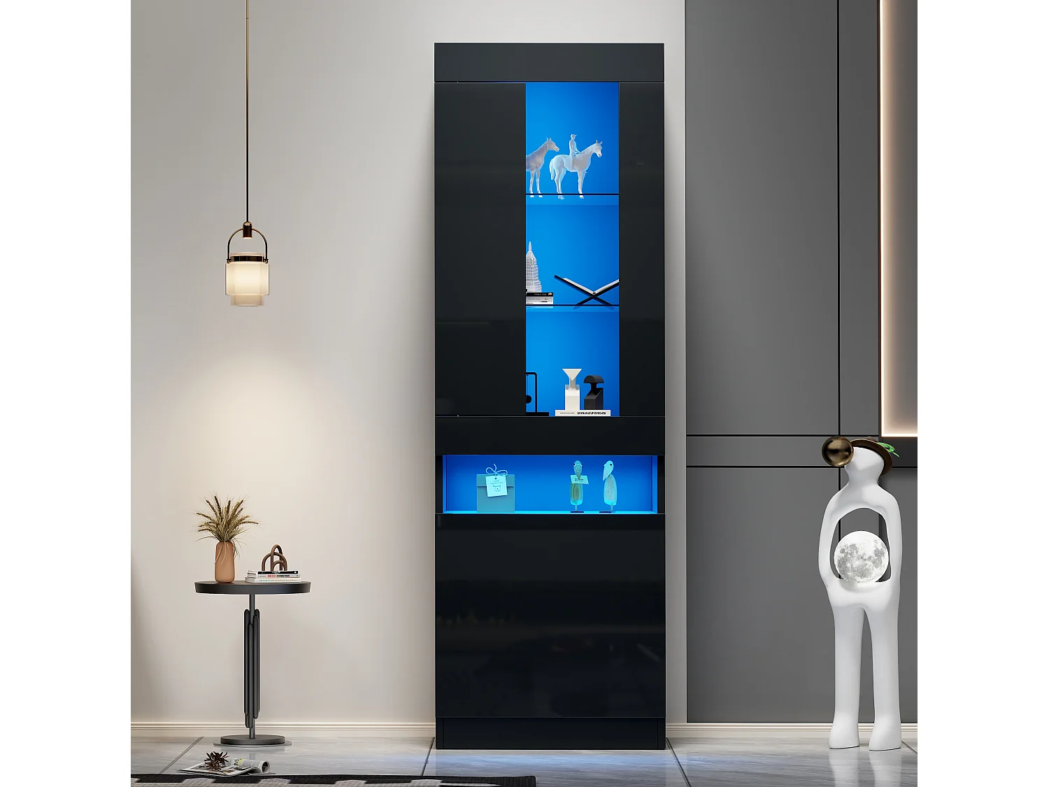 Vitrine/Wohnzimmermöbel – 50 x 40 x 180 cm – mit LEDs + 2 Türen + Einlegeboden – Spanplatte – schwarz