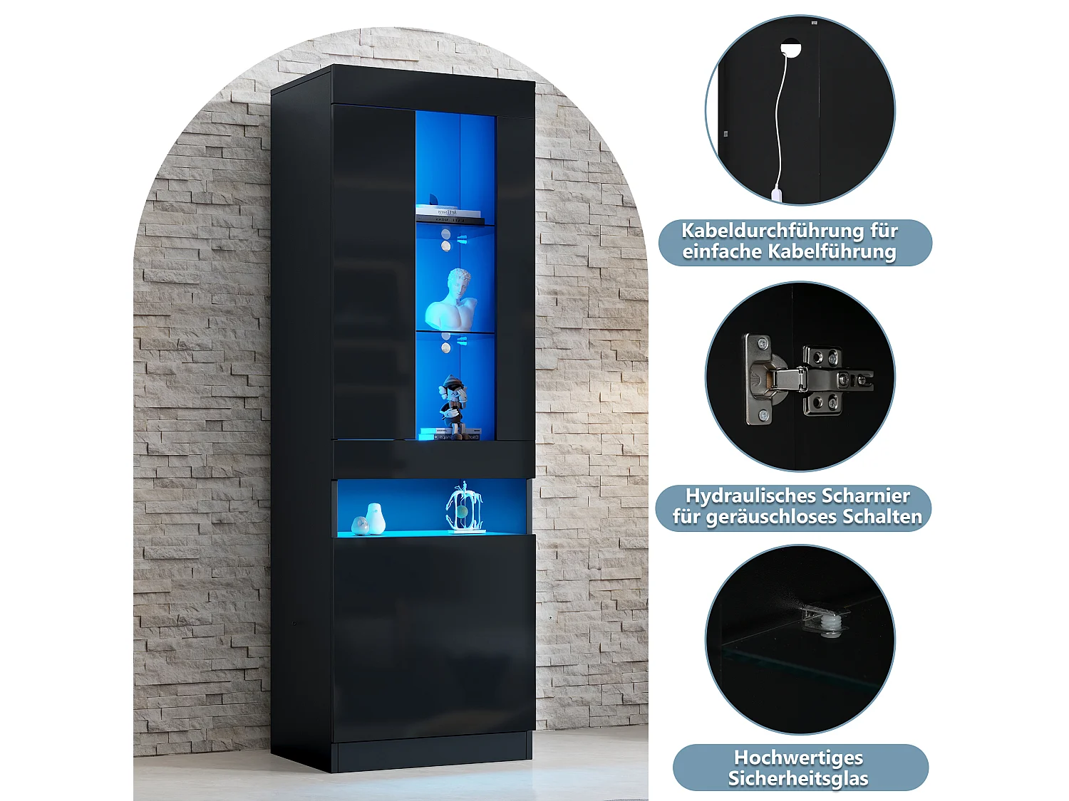 Vitrine/Wohnzimmermöbel – 50 x 40 x 180 cm – mit LEDs + 2 Türen + Einlegeboden – Spanplatte – schwarz