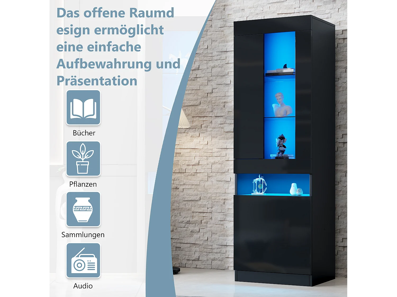 Vitrine/Wohnzimmermöbel – 50 x 40 x 180 cm – mit LEDs + 2 Türen + Einlegeboden – Spanplatte – schwarz