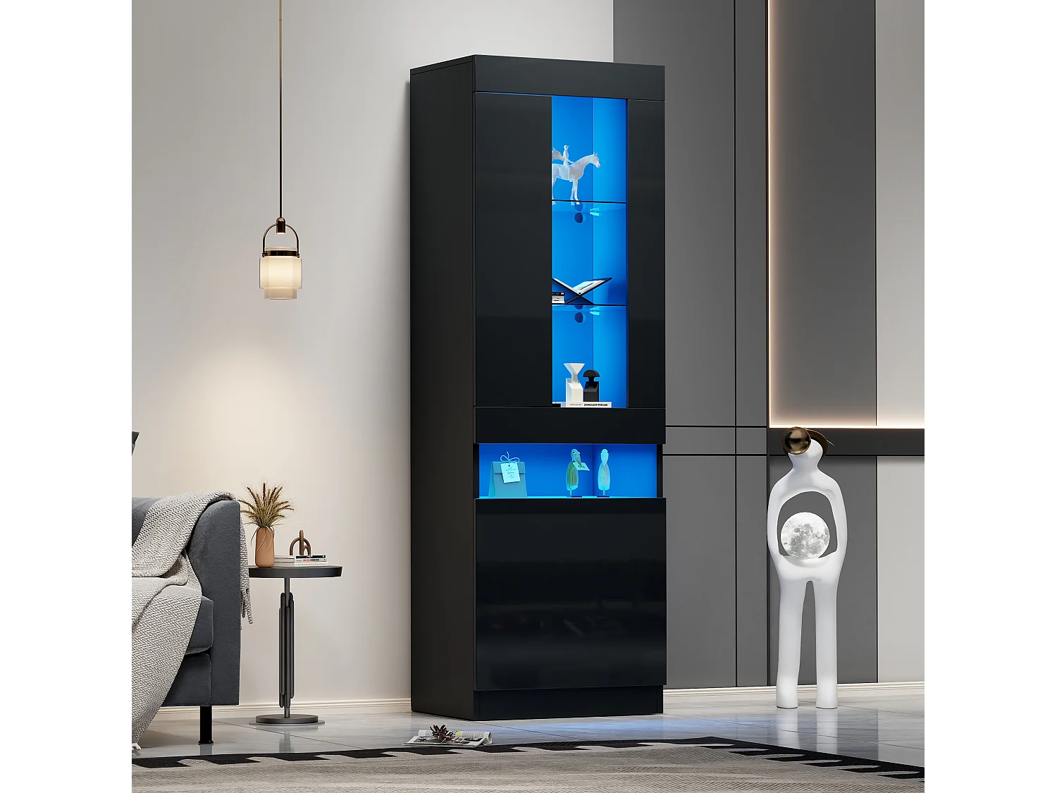 Vetrina/mobile soggiorno - 50 x 40 x 180 cm - con LED + 2 ante + ripiano - truciolare - nero