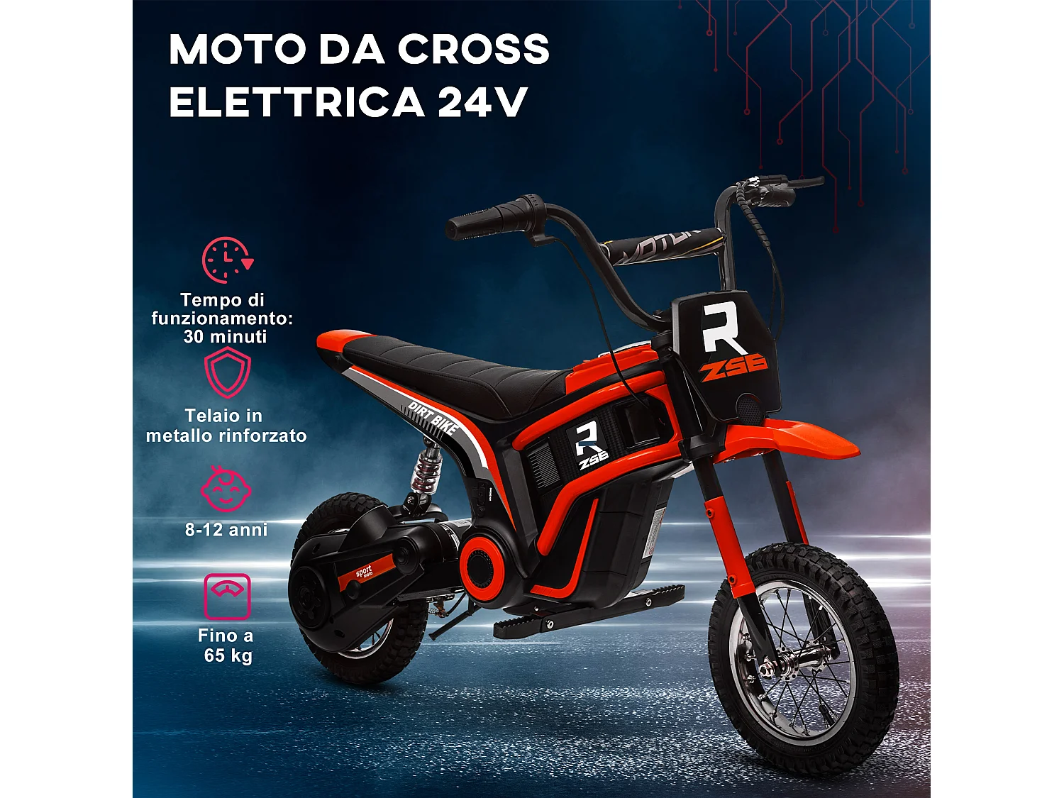 Moto elettrica per bambini 2 velocità 8-16km/h età 8-12 anni rosso