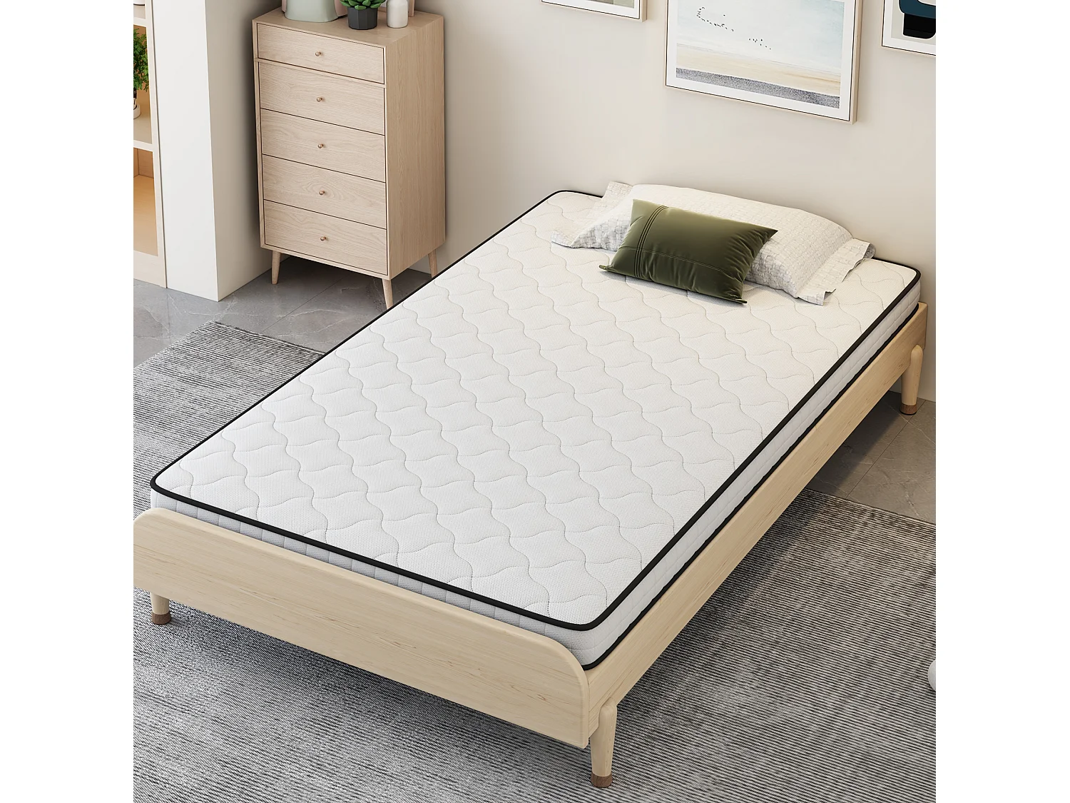 Federkernmatratze – 90 x 200 cm – mit ergonomischen Modulen und Lendenwirbelstütze – 10 cm dick – Stoff + Metall – weiß