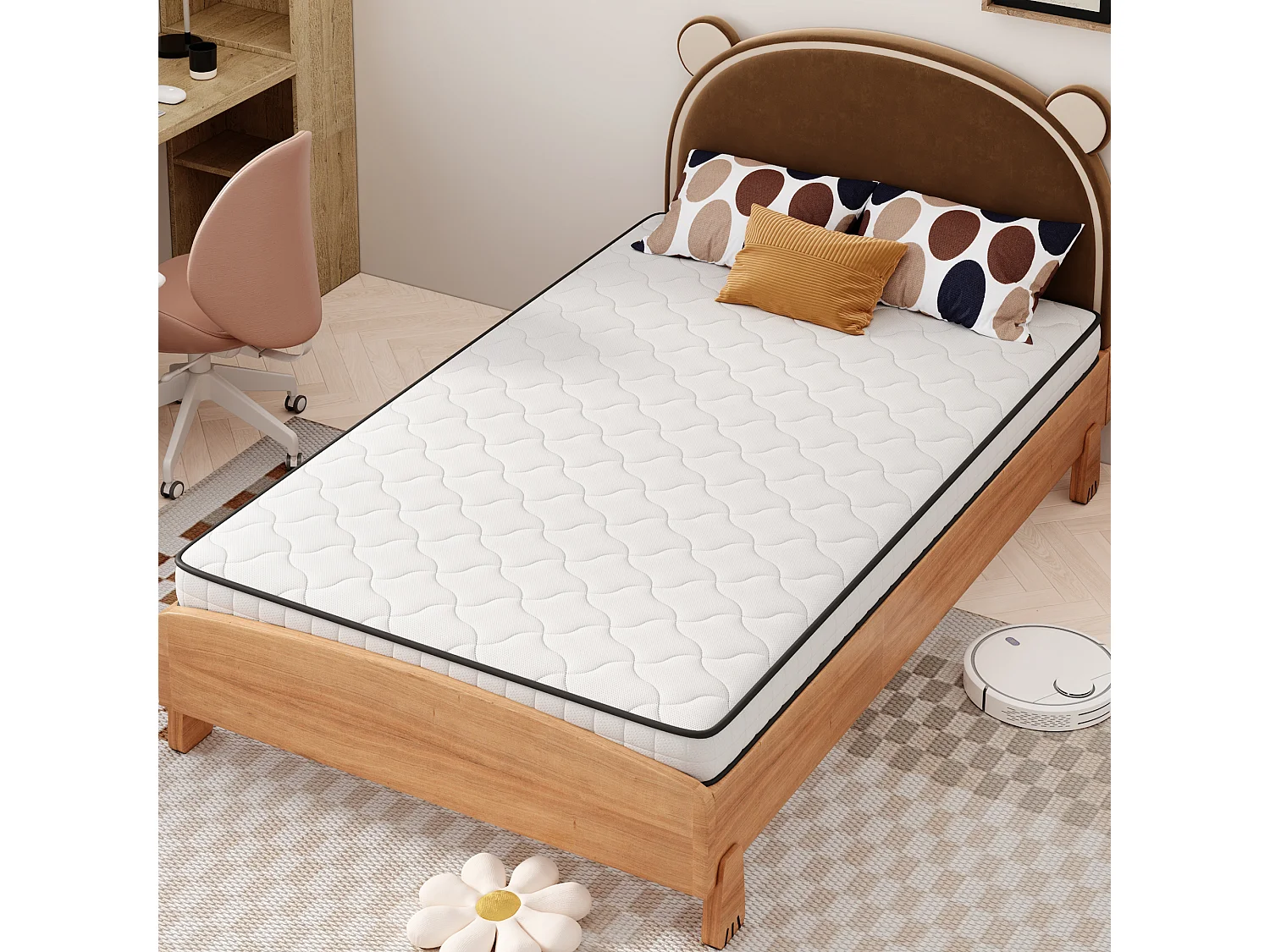 Federkernmatratze – 90 x 190 cm – mit ergonomischen Modulen und Lendenwirbelstütze – 12 cm dick – Stoff + Metall – weiß