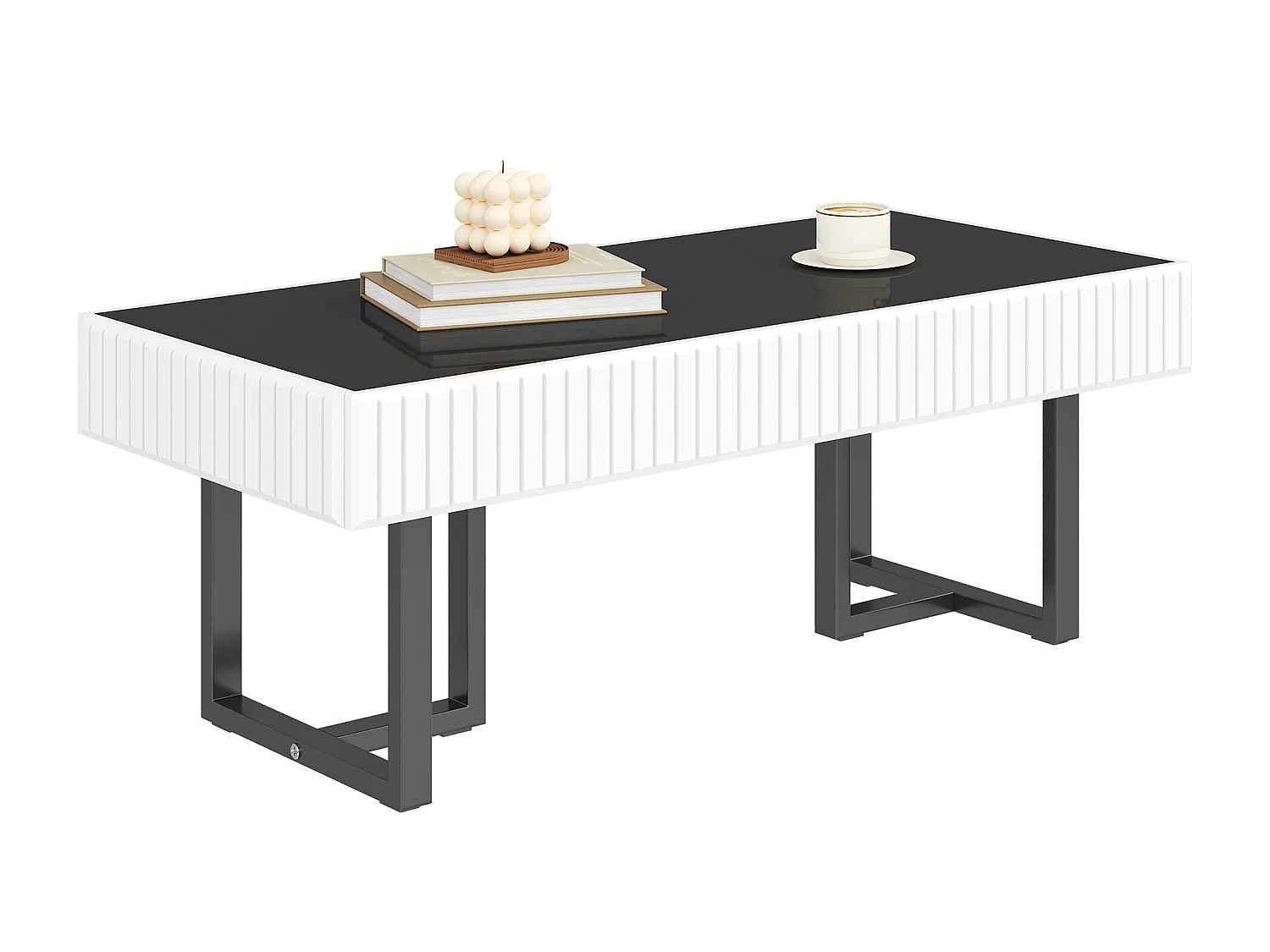 Table basse classique moderne - 110 x 50.5 x 41 cm - table de salon - plateau brillant - MDF + aggloméré - blanc + noir