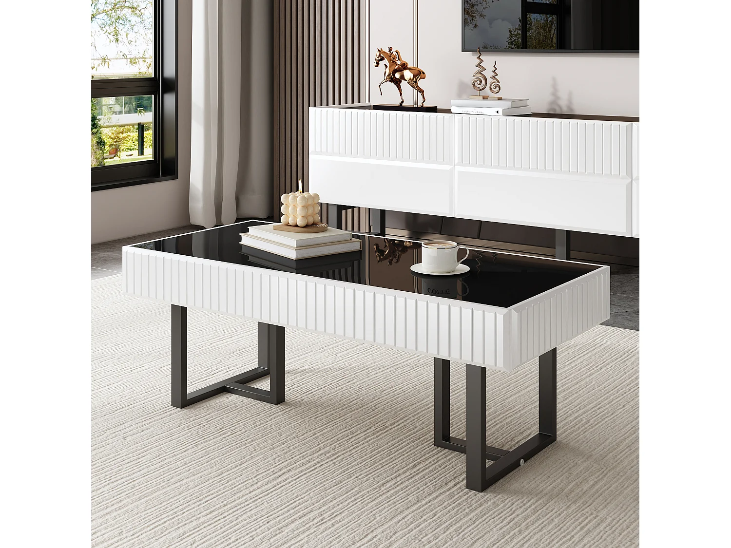 Table basse classique moderne - 110 x 50.5 x 41 cm - table de salon - plateau brillant - MDF + aggloméré - blanc + noir