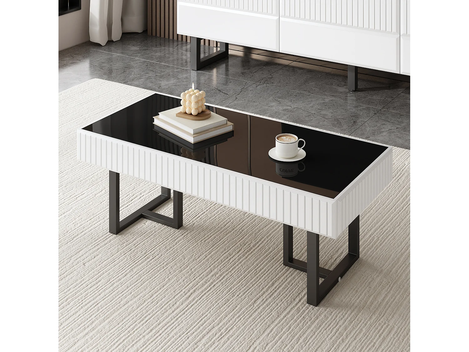 Table basse classique moderne - 110 x 50.5 x 41 cm - table de salon - plateau brillant - MDF + aggloméré - blanc + noir