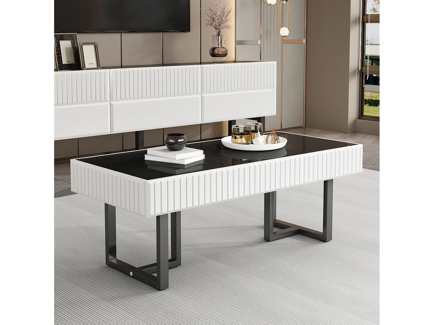 Table basse classique moderne - 110 x 50.5 x 41 cm - table de salon - plateau brillant - MDF + aggloméré - blanc + noir