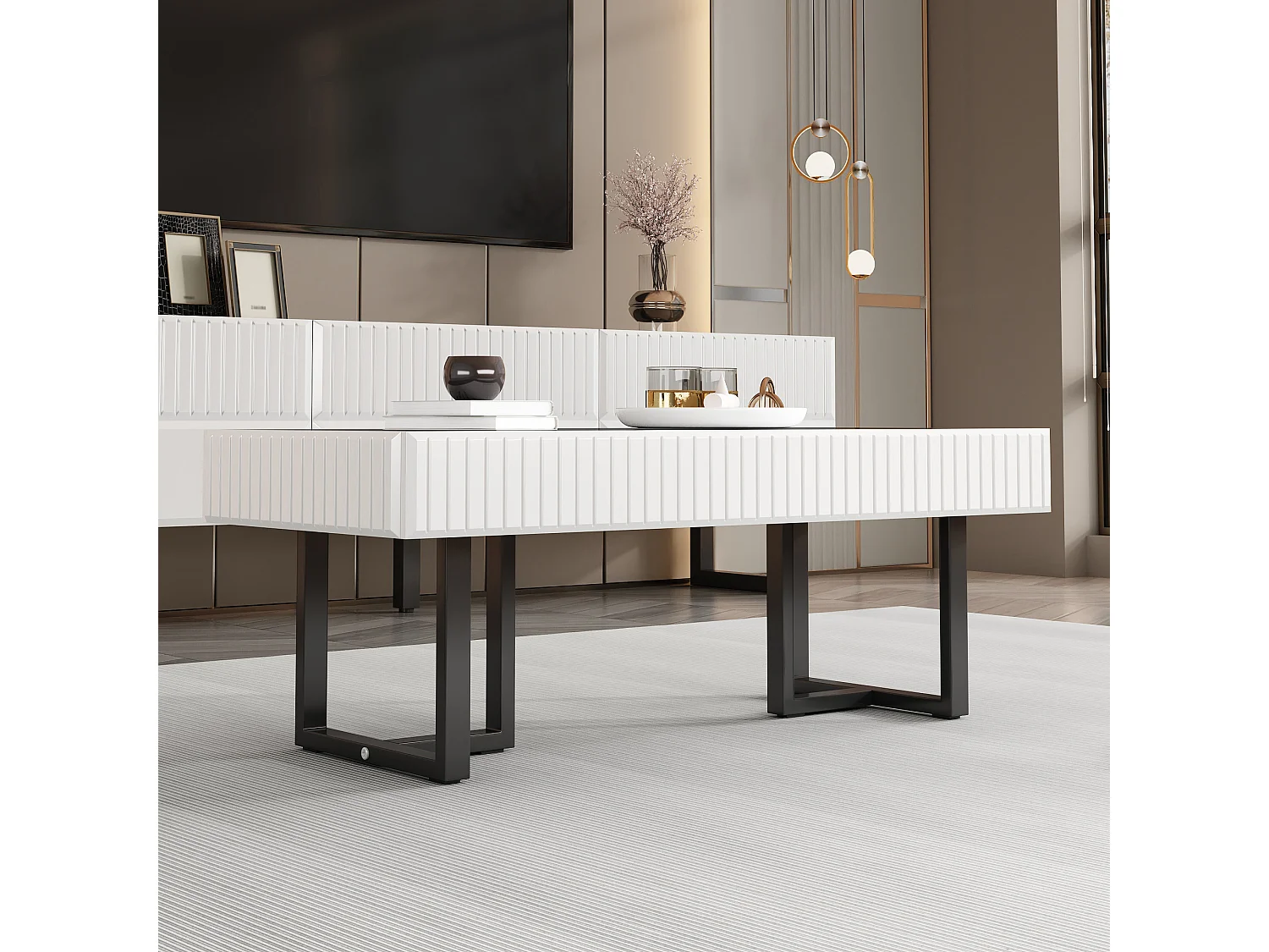 Table basse classique moderne - 110 x 50.5 x 41 cm - table de salon - plateau brillant - MDF + aggloméré - blanc + noir