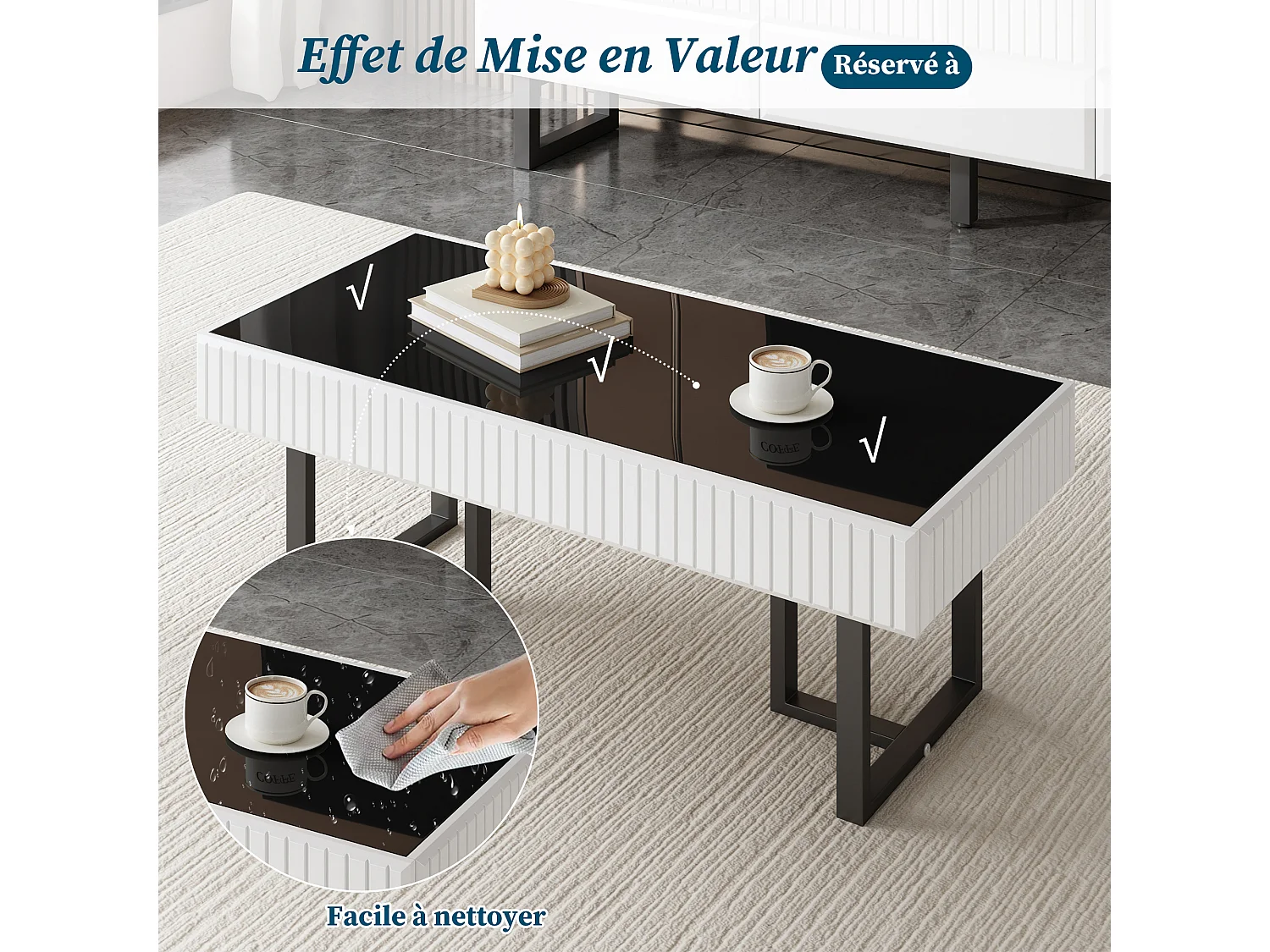Table basse classique moderne - 110 x 50.5 x 41 cm - table de salon - plateau brillant - MDF + aggloméré - blanc + noir