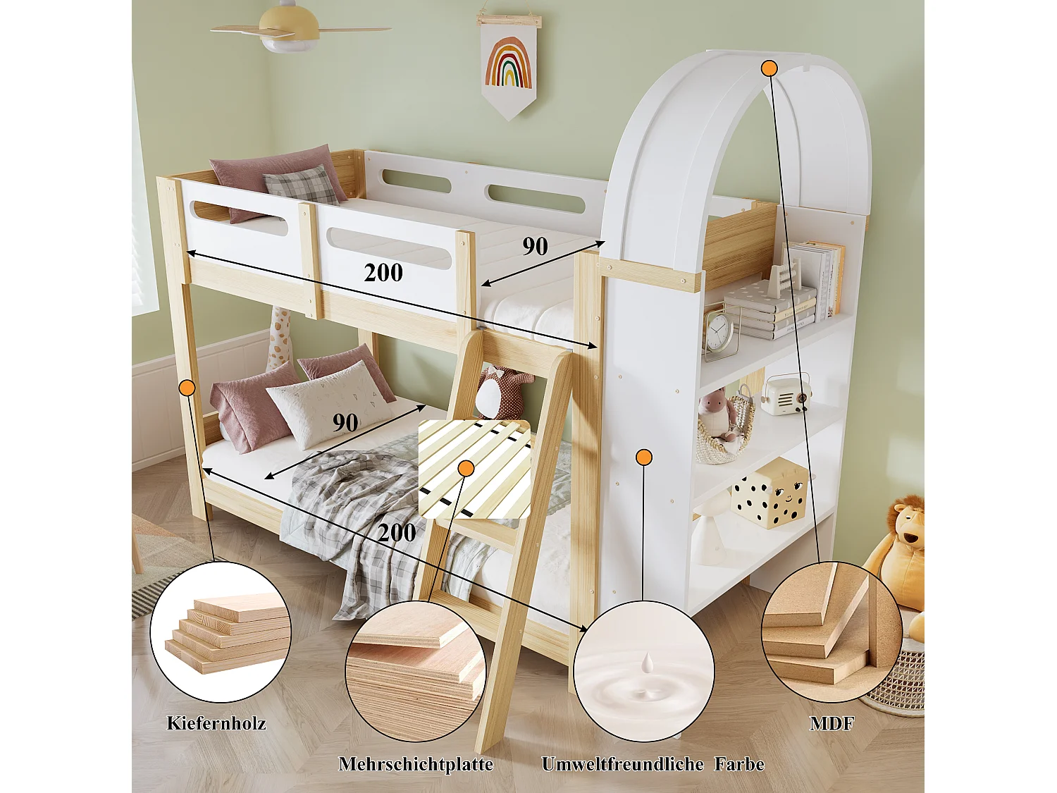 Litera infantil - 2 x 90 x 200 cm - con estante de 3 niveles + barandilla de seguridad - pino + MDF + contrachapado - blanco + natural