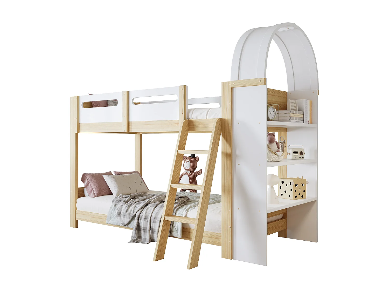 Litera infantil - 2 x 90 x 200 cm - con estante de 3 niveles + barandilla de seguridad - pino + MDF + contrachapado - blanco + natural