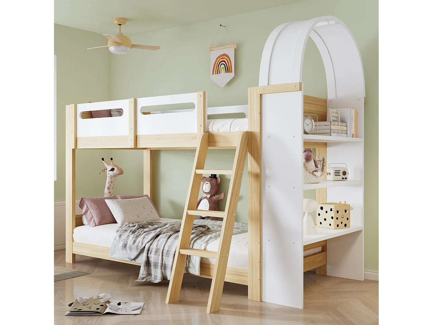 Lit superposés enfant - 2 x 90 x 200 cm -  avec étagère à 3 niveaux + barrière de sécurité - pin + MDF + contreplaqué - blanc + naturel