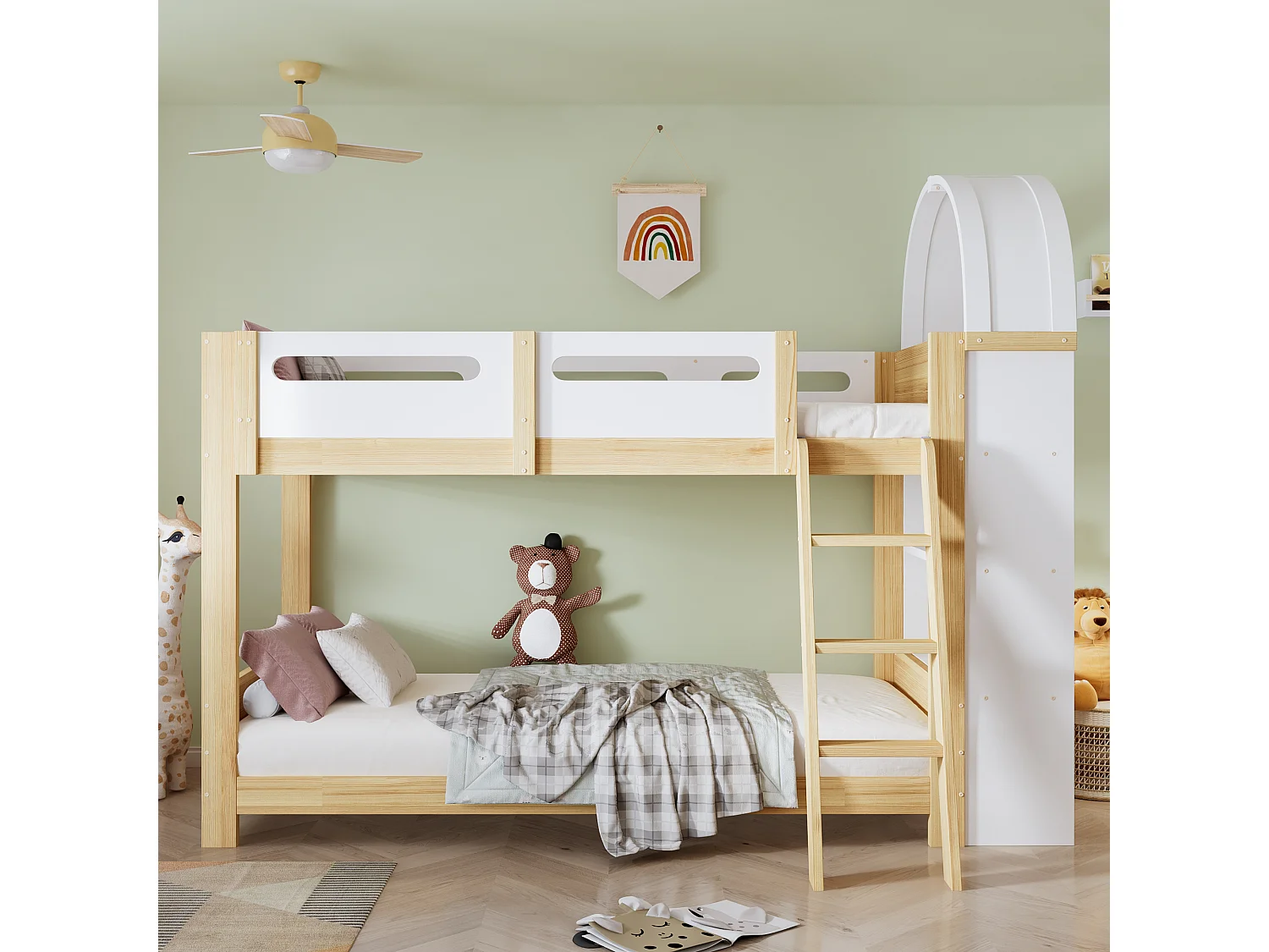 Lit superposés enfant - 2 x 90 x 200 cm -  avec étagère à 3 niveaux + barrière de sécurité - pin + MDF + contreplaqué - blanc + naturel