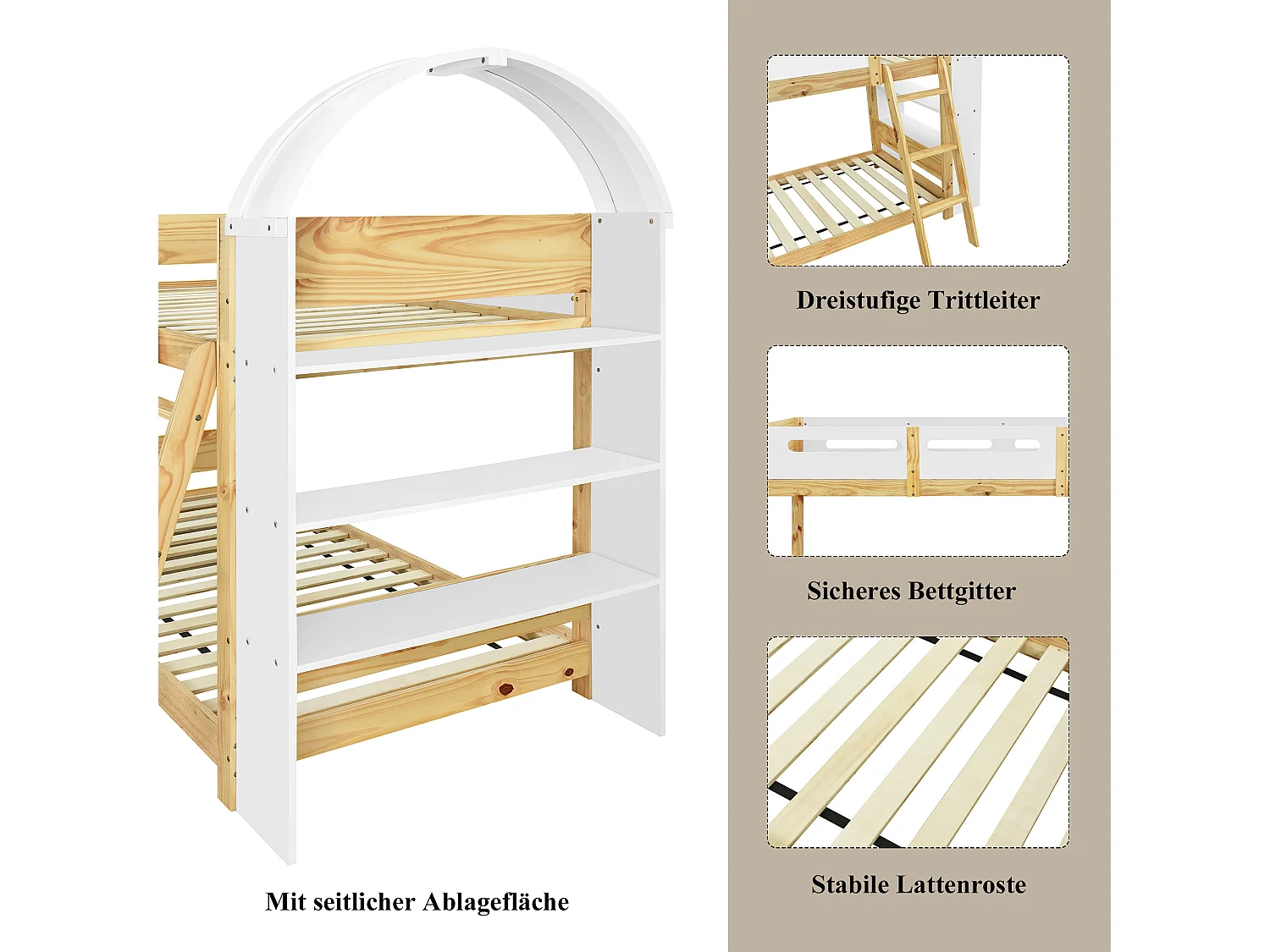 Lit superposés enfant - 2 x 90 x 200 cm -  avec étagère à 3 niveaux + barrière de sécurité - pin + MDF + contreplaqué - blanc + naturel