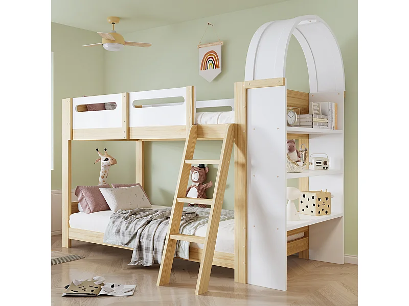 Litera infantil - 2 x 90 x 200 cm - con estante de 3 niveles + barandilla de seguridad - pino + MDF + contrachapado - blanco + natural