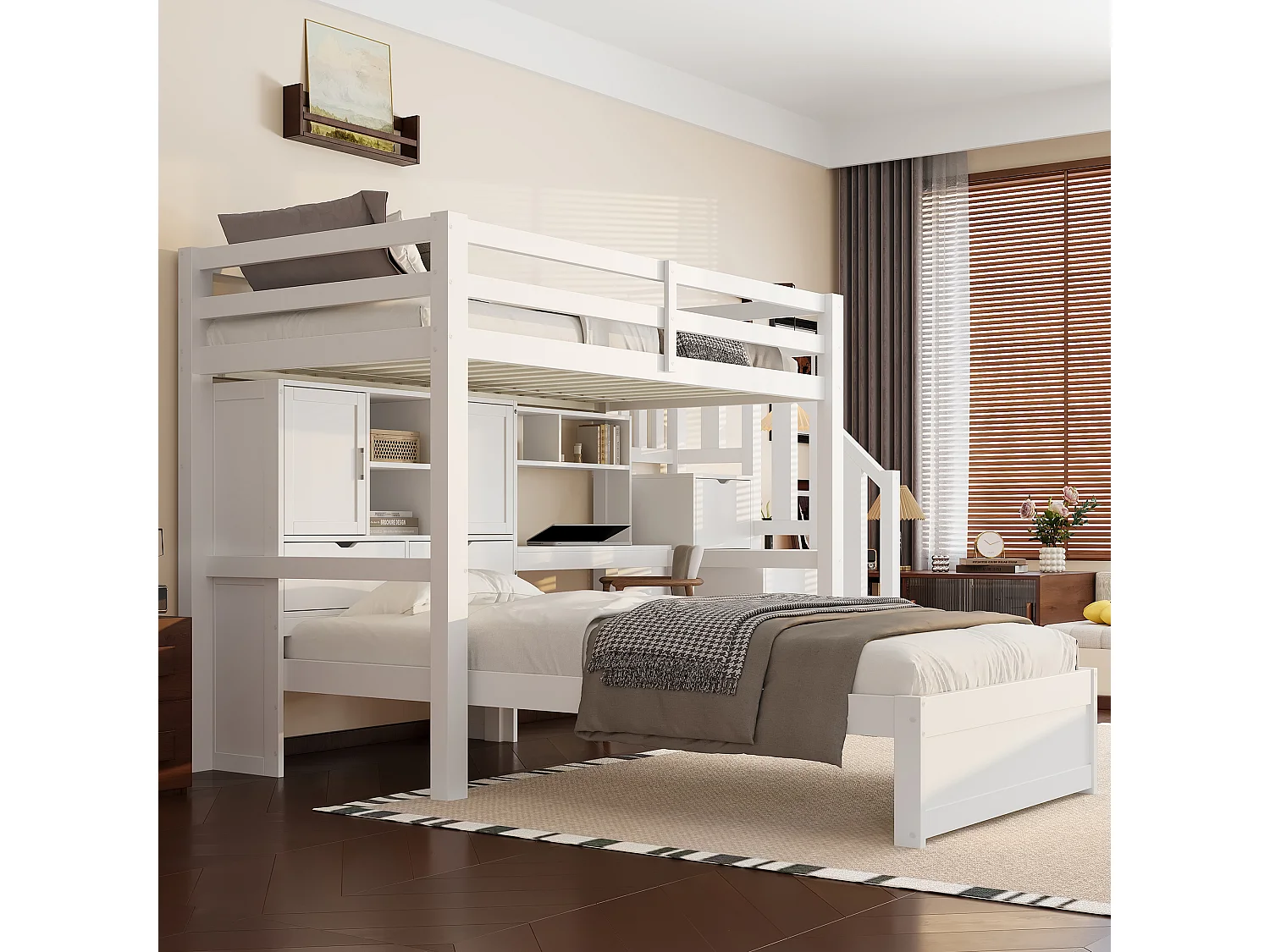 Litera infantil - 2 x 90 x 200 cm - con escritorio y escalera integrados + compartimentos de almacenaje y estantes - MDF - blanca