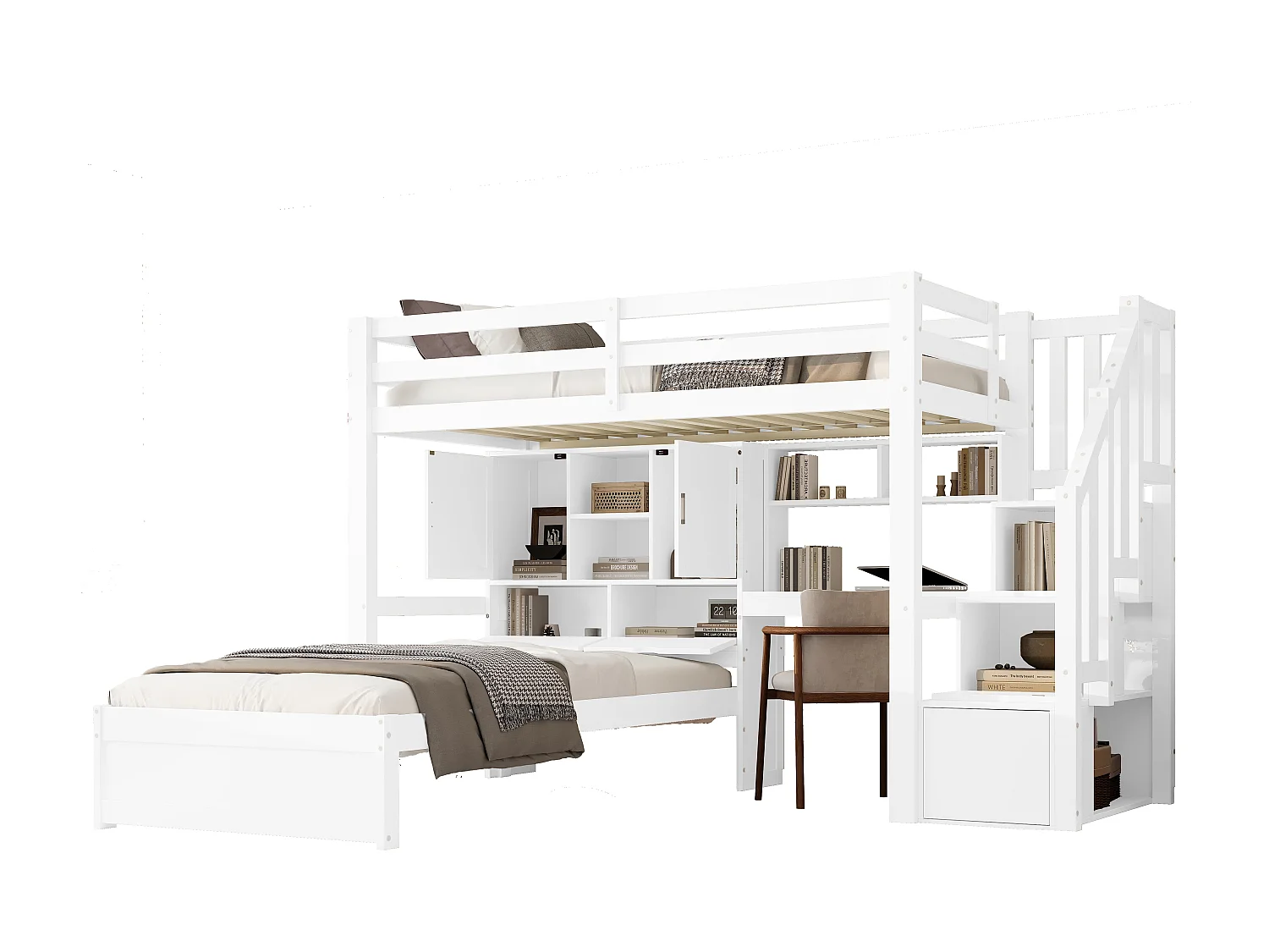 Litera infantil - 2 x 90 x 200 cm - con escritorio y escalera integrados + compartimentos de almacenaje y estantes - MDF - blanca