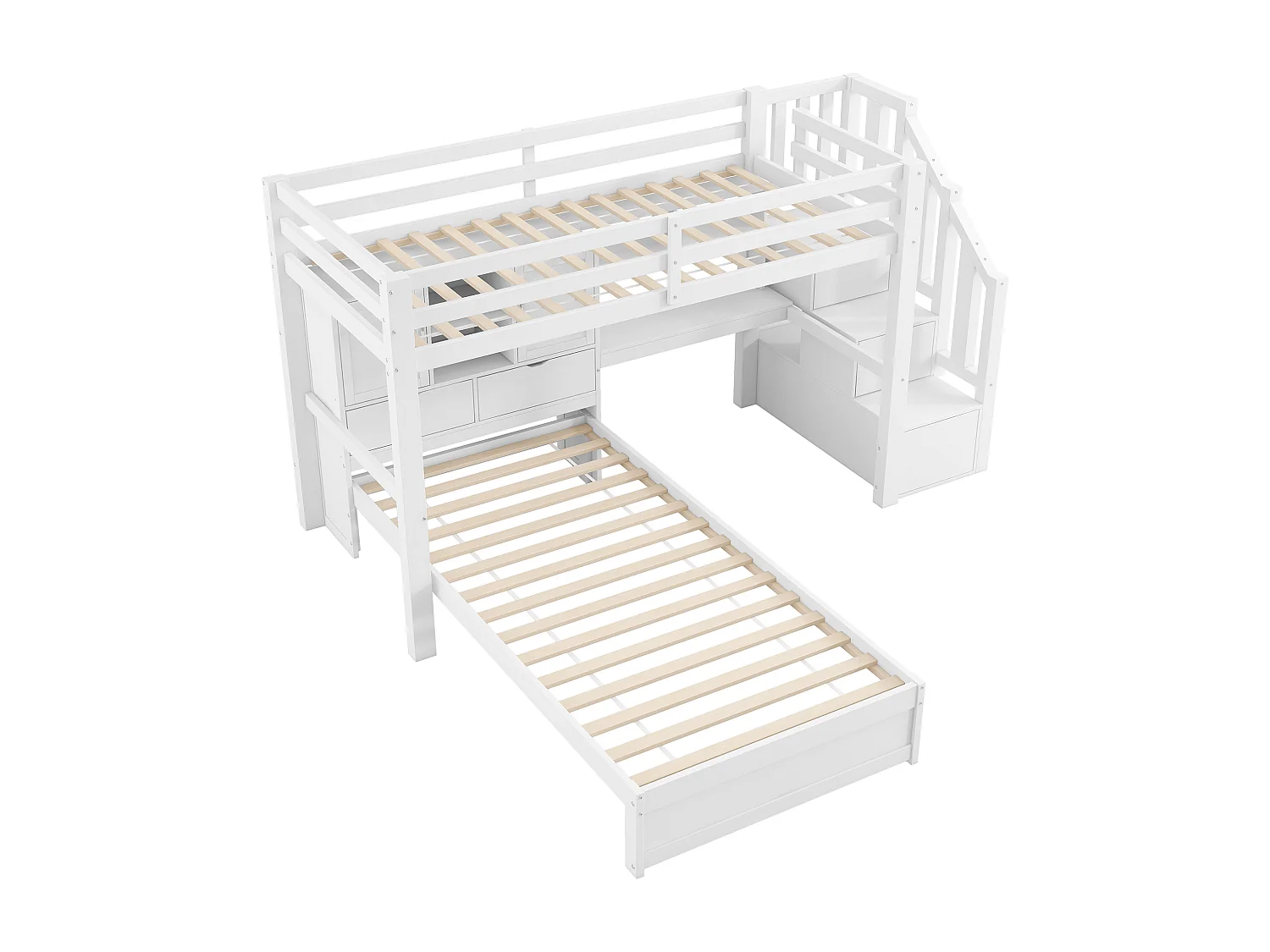 Litera infantil - 2 x 90 x 200 cm - con escritorio y escalera integrados + compartimentos de almacenaje y estantes - MDF - blanca