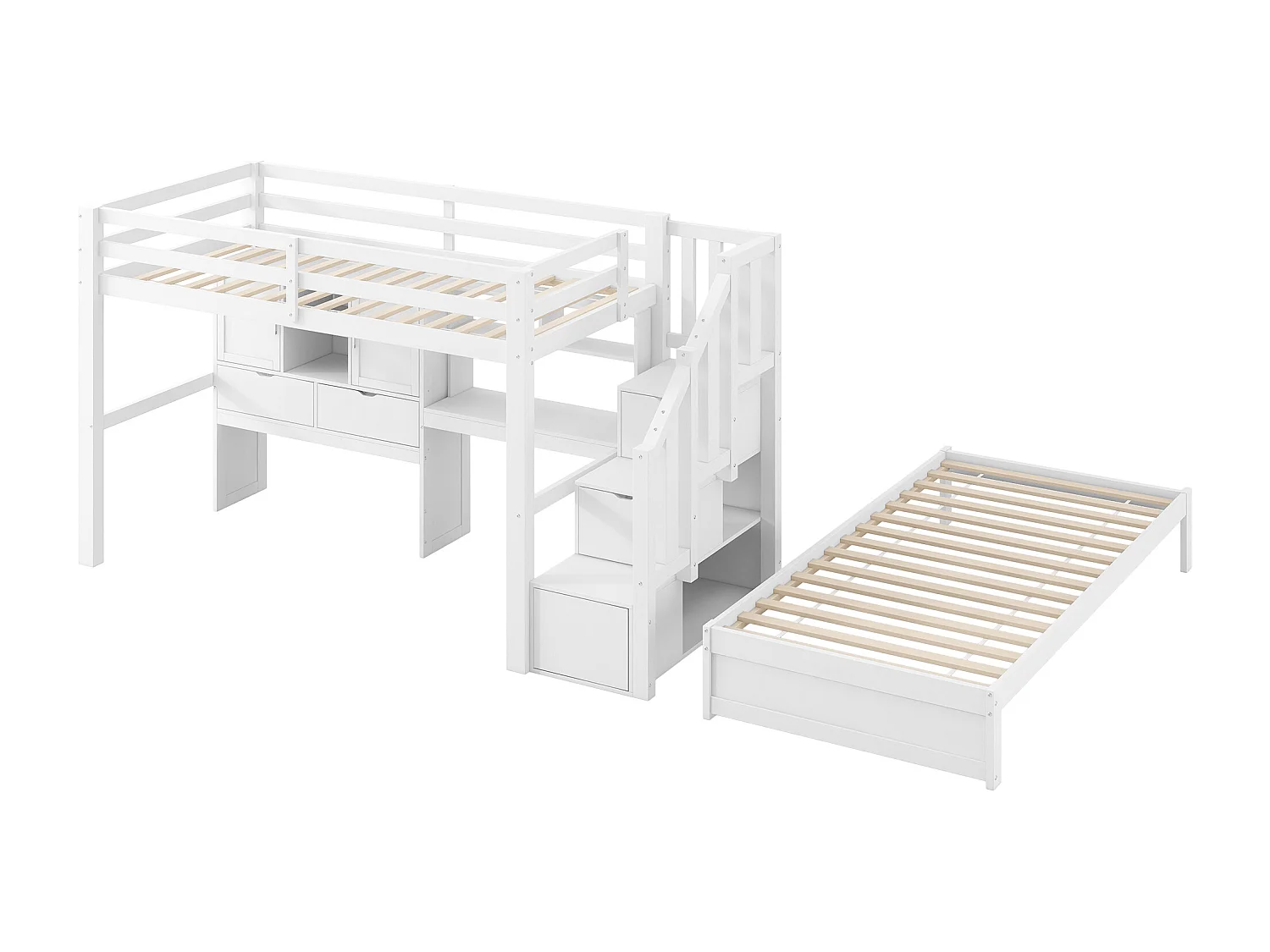 Litera infantil - 2 x 90 x 200 cm - con escritorio y escalera integrados + compartimentos de almacenaje y estantes - MDF - blanca