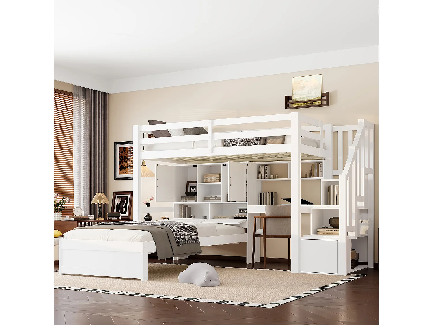 Lit superposés enfant - 2 x 90 x 200 cm - avec bureau et escalier intégrés + compartiments de rangement et étagères - MDF - blanc