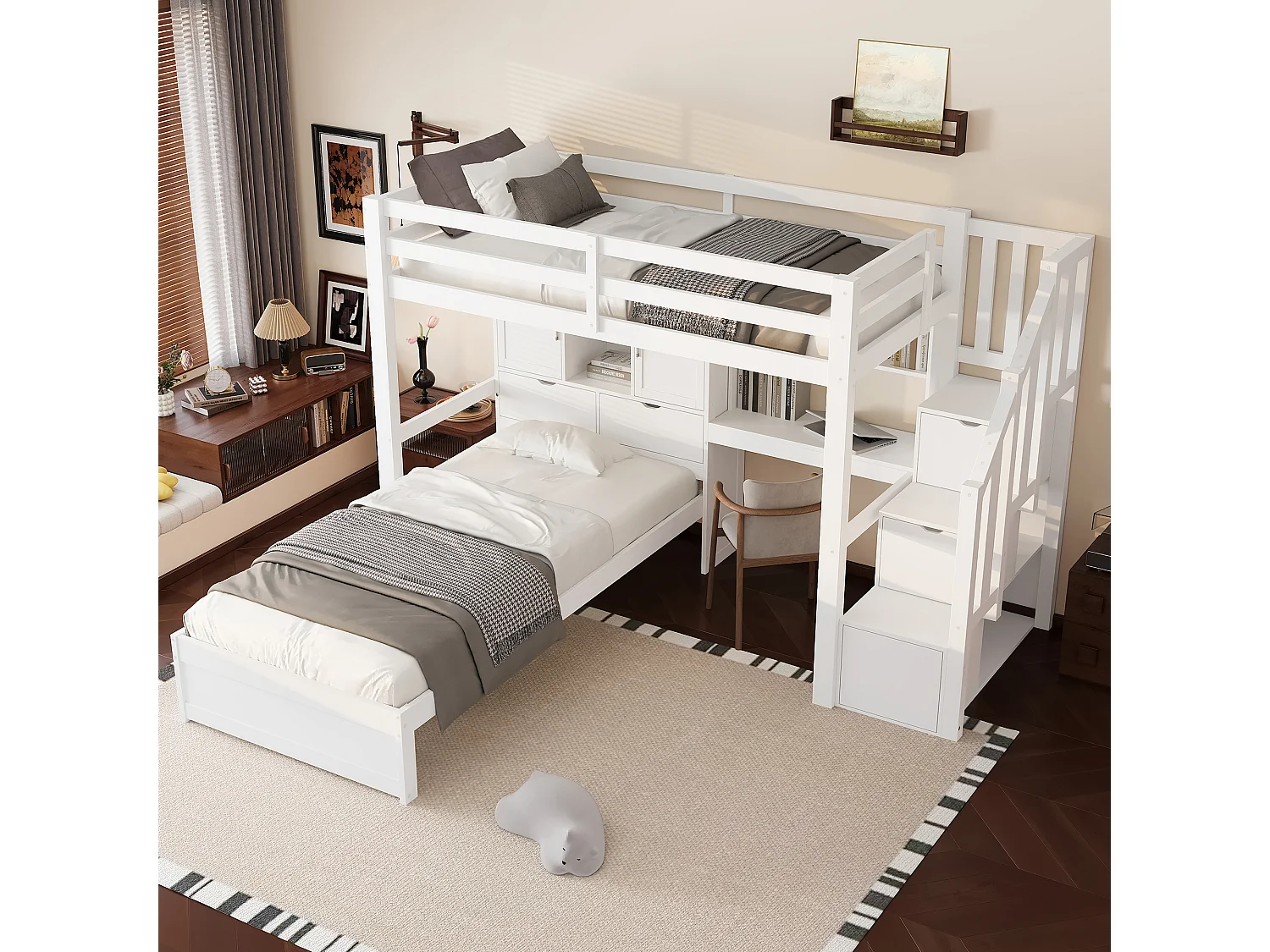 Lit superposés enfant - 2 x 90 x 200 cm - avec bureau et escalier intégrés + compartiments de rangement et étagères - MDF - blanc