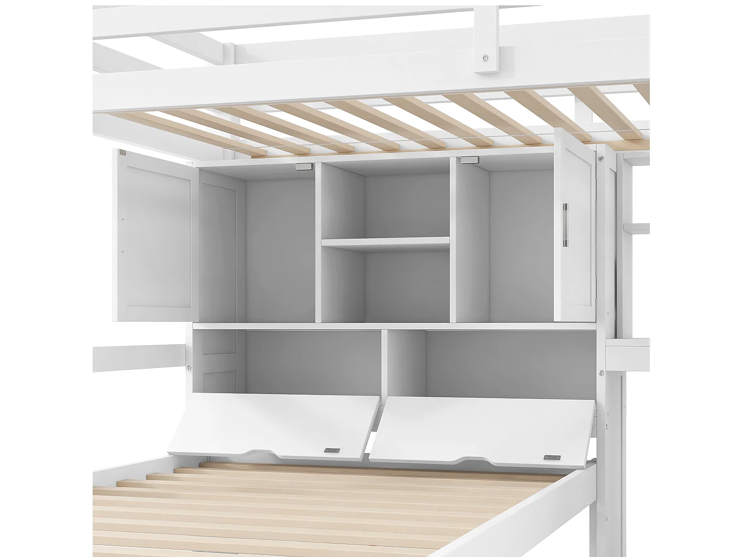 Lit superposés enfant - 2 x 90 x 200 cm - avec bureau et escalier intégrés + compartiments de rangement et étagères - MDF - blanc