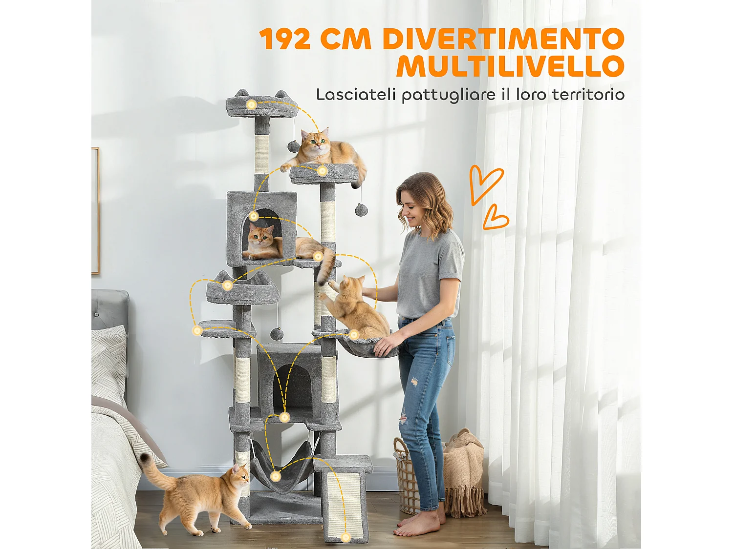 Albero tiragraffi per gatti con amache, posatoi, casette e piattaforme