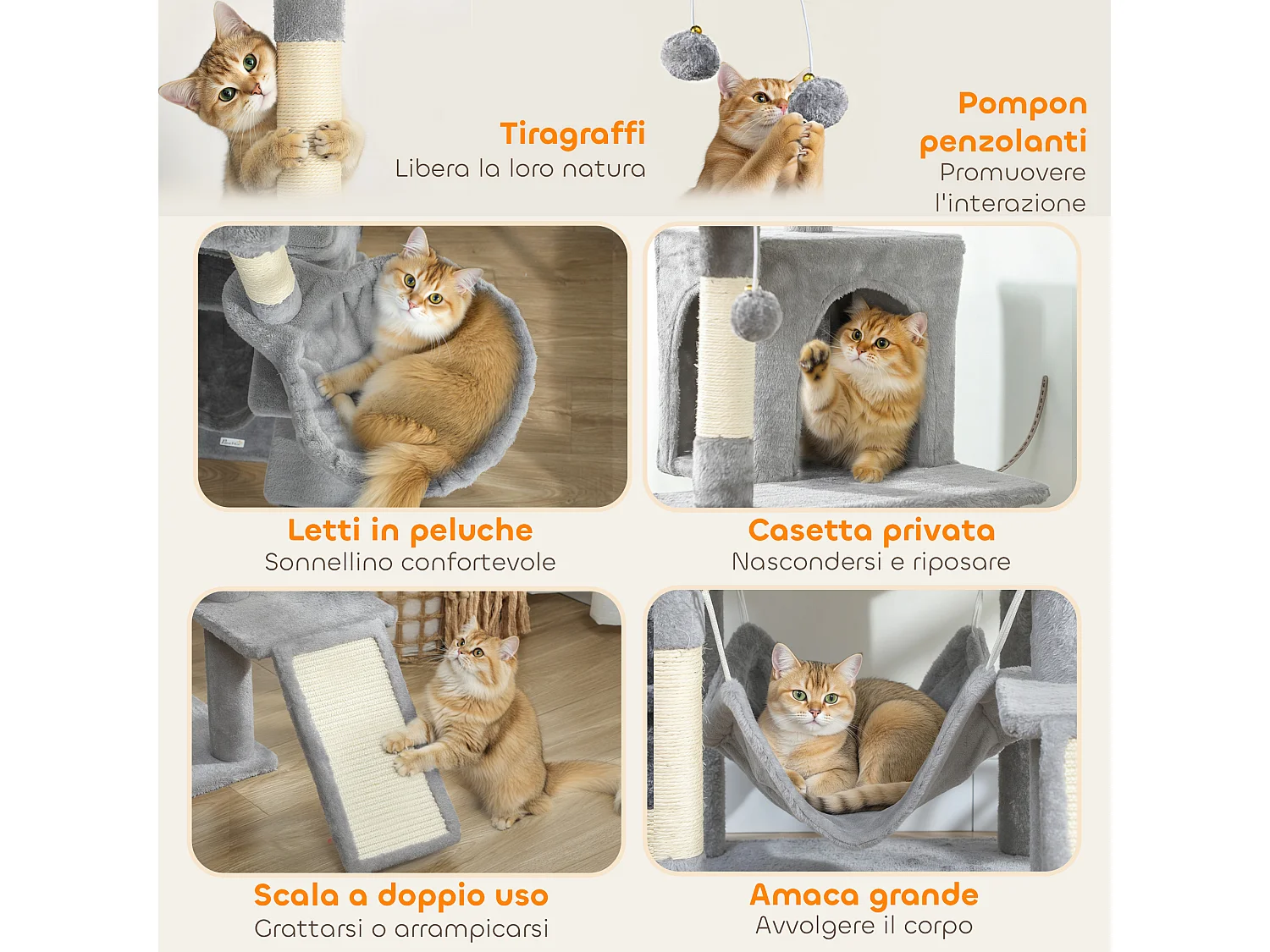 Albero tiragraffi per gatti con amache, posatoi, casette e piattaforme