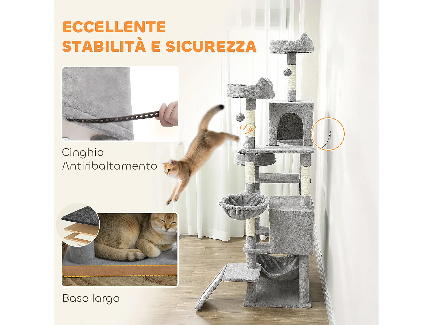 Albero tiragraffi per gatti con amache, posatoi, casette e piattaforme