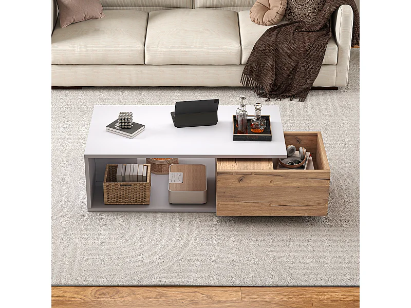 Hochglanzlackierter Couchtisch – 90 x 50 x 30 cm – mit einer um 360° drehbaren Schublade + offenem Stauraum – MDF – weiß und natur