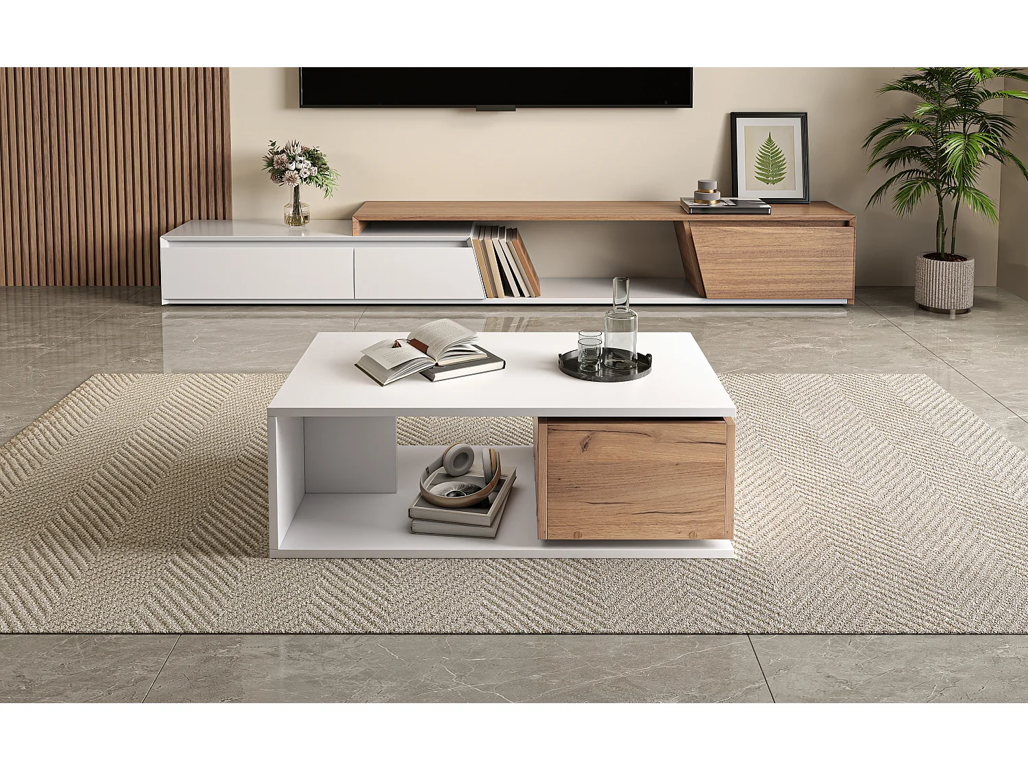 Hochglanzlackierter Couchtisch – 90 x 50 x 30 cm – mit einer um 360° drehbaren Schublade + offenem Stauraum – MDF – weiß und natur