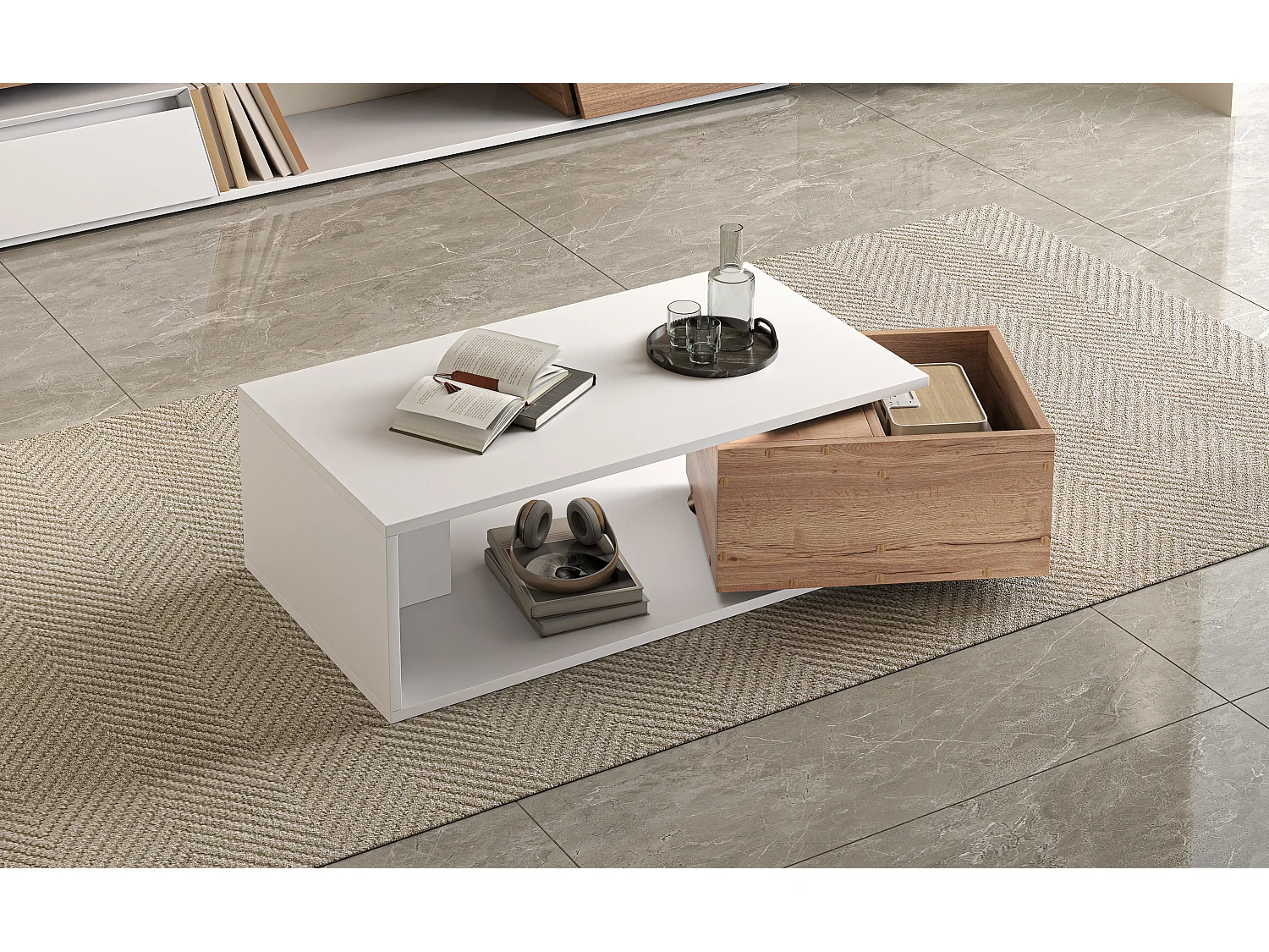 Hochglanzlackierter Couchtisch – 90 x 50 x 30 cm – mit einer um 360° drehbaren Schublade + offenem Stauraum – MDF – weiß und natur