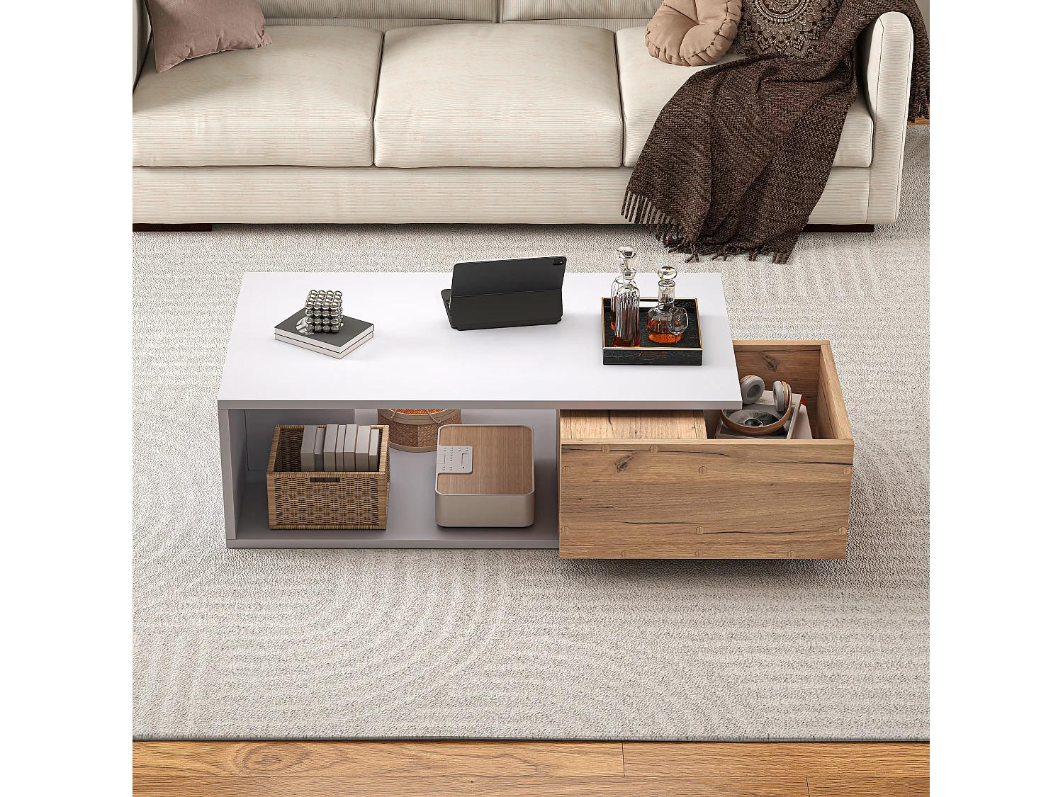 Tavolino da caffè laccato lucido - 90 x 50 x 30 cm - con 1 cassetto girevole a 360° + vano portaoggetti aperto - MDF - bianco e naturale