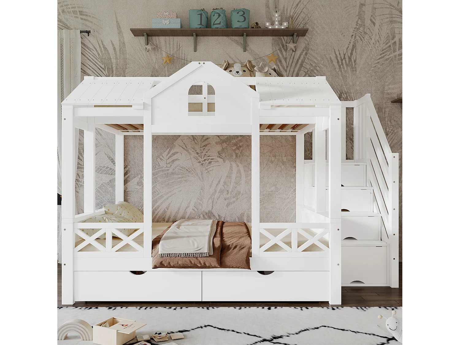 Beliche infantil - 90 x 200 cm + 140 x 200 cm - com 2 gavetas + escada de arrumação - pinho + MDF + contraplacado - branco