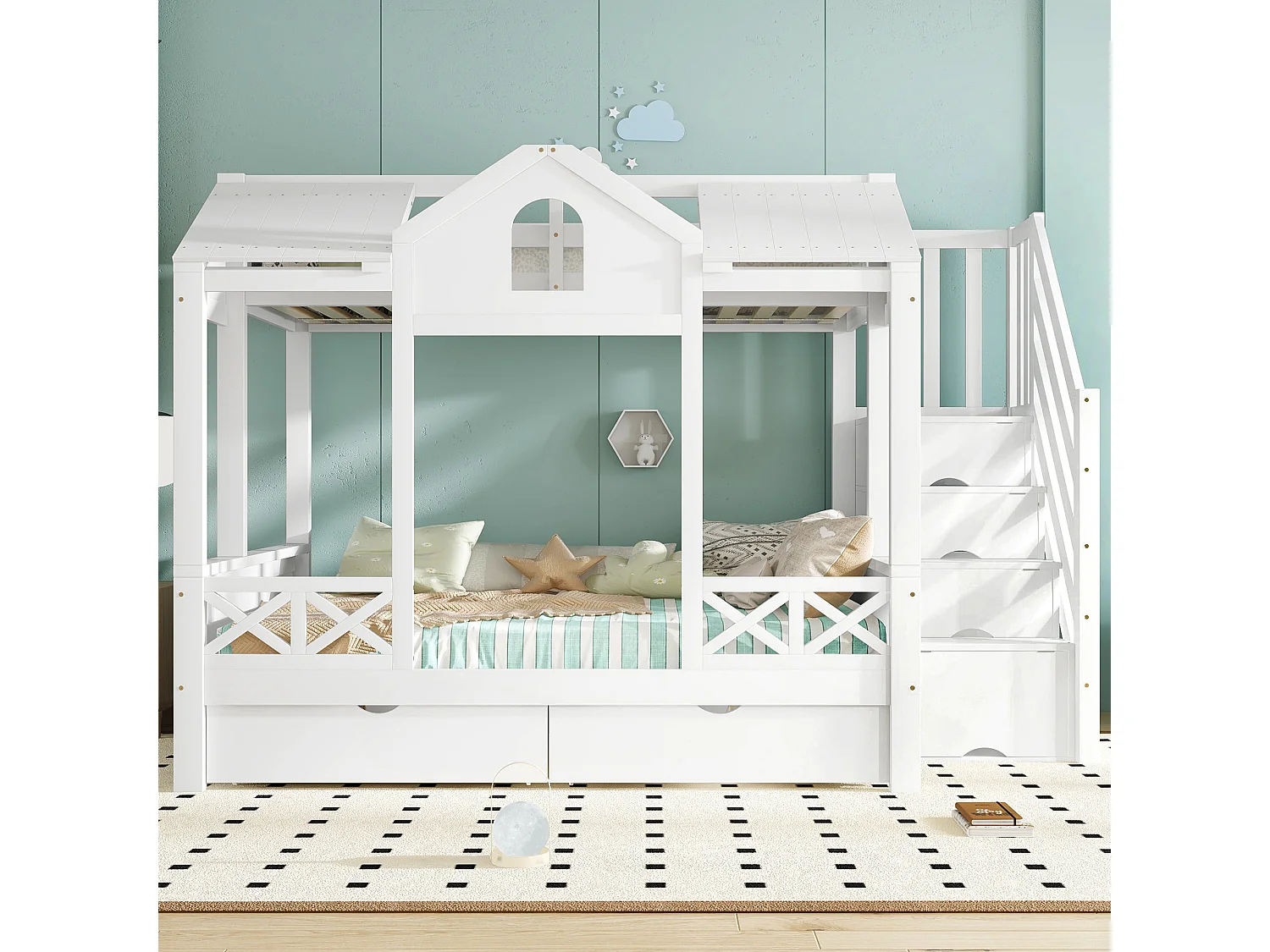 Beliche infantil - 90 x 200 cm + 140 x 200 cm - com 2 gavetas + escada de arrumação - pinho + MDF + contraplacado - branco