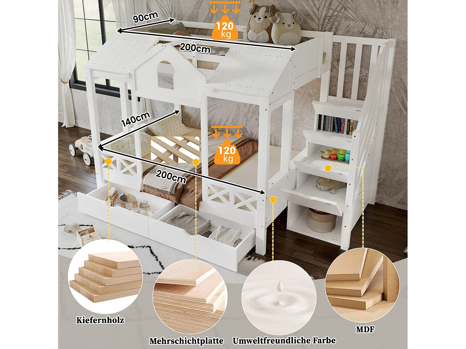 Beliche infantil - 90 x 200 cm + 140 x 200 cm - com 2 gavetas + escada de arrumação - pinho + MDF + contraplacado - branco