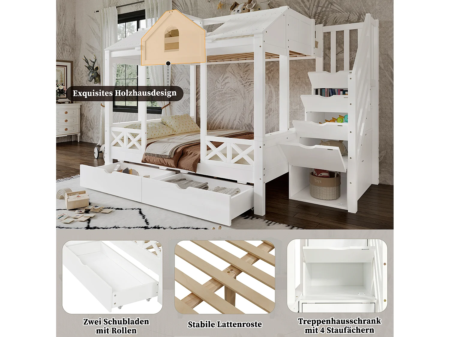 Beliche infantil - 90 x 200 cm + 140 x 200 cm - com 2 gavetas + escada de arrumação - pinho + MDF + contraplacado - branco