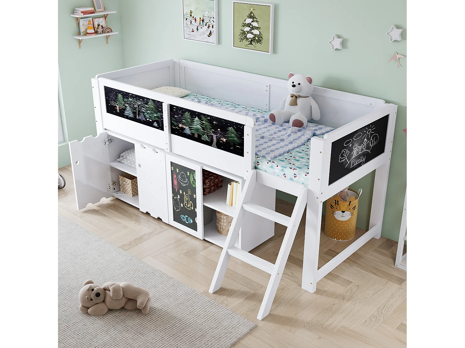 Cama alta infantil - 90 x 200 cm - con armario de 2 puertas y barra para colgar cuadros + barandilla de seguridad - pino + MDF + contrachapado - blanca