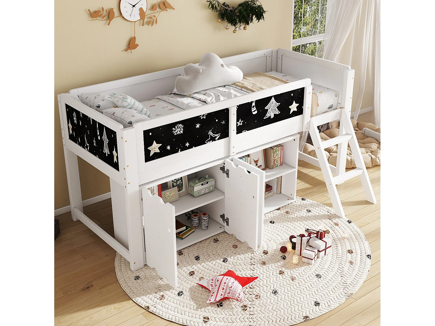 Cama alta infantil - 90 x 200 cm - con armario de 2 puertas y barra para colgar cuadros + barandilla de seguridad - pino + MDF + contrachapado - blanca