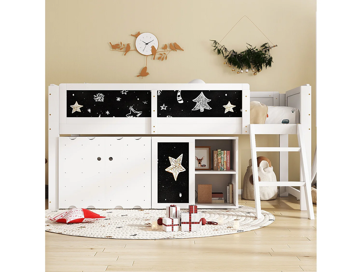 Cama alta infantil - 90 x 200 cm - con armario de 2 puertas y barra para colgar cuadros + barandilla de seguridad - pino + MDF + contrachapado - blanca