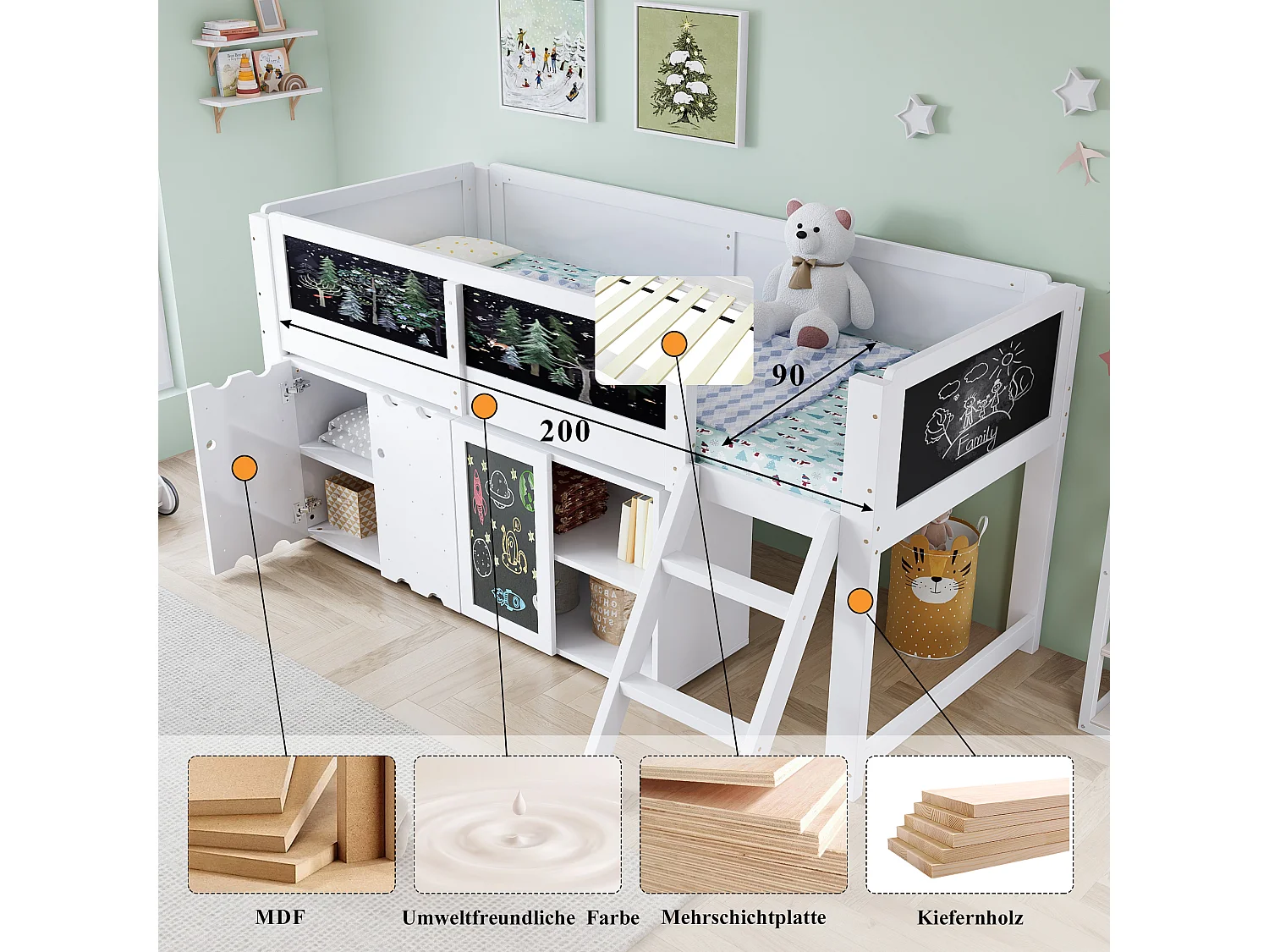 Cama alta infantil - 90 x 200 cm - con armario de 2 puertas y barra para colgar cuadros + barandilla de seguridad - pino + MDF + contrachapado - blanca